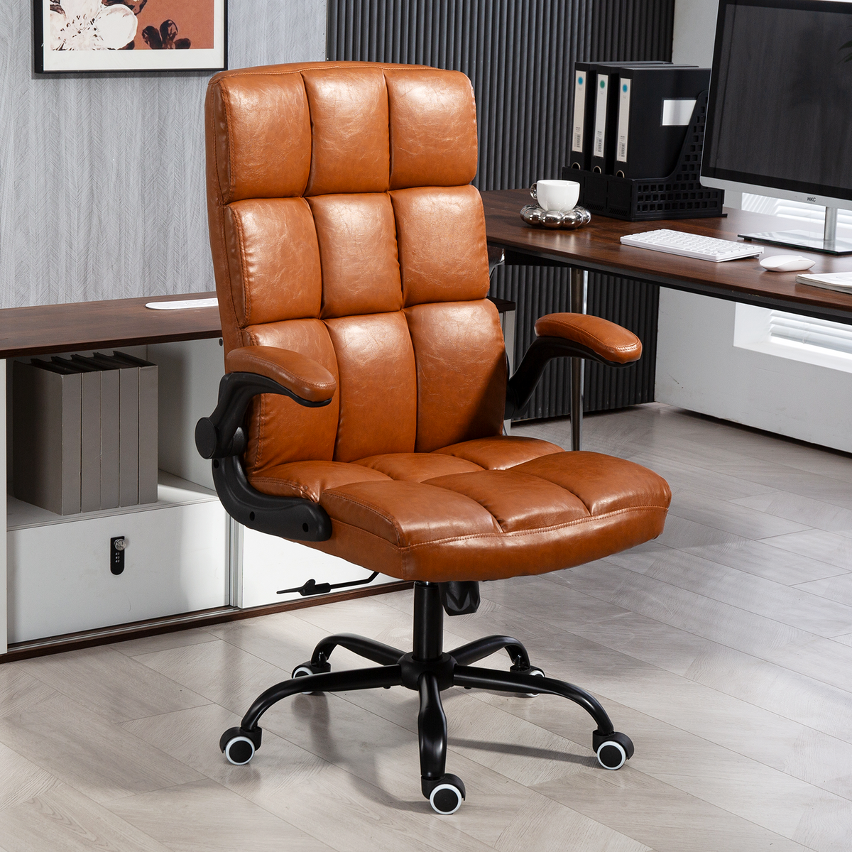HOMREST Executive Office Chair, PU Leather Ergonomic Comfy Desk Chair, Brown