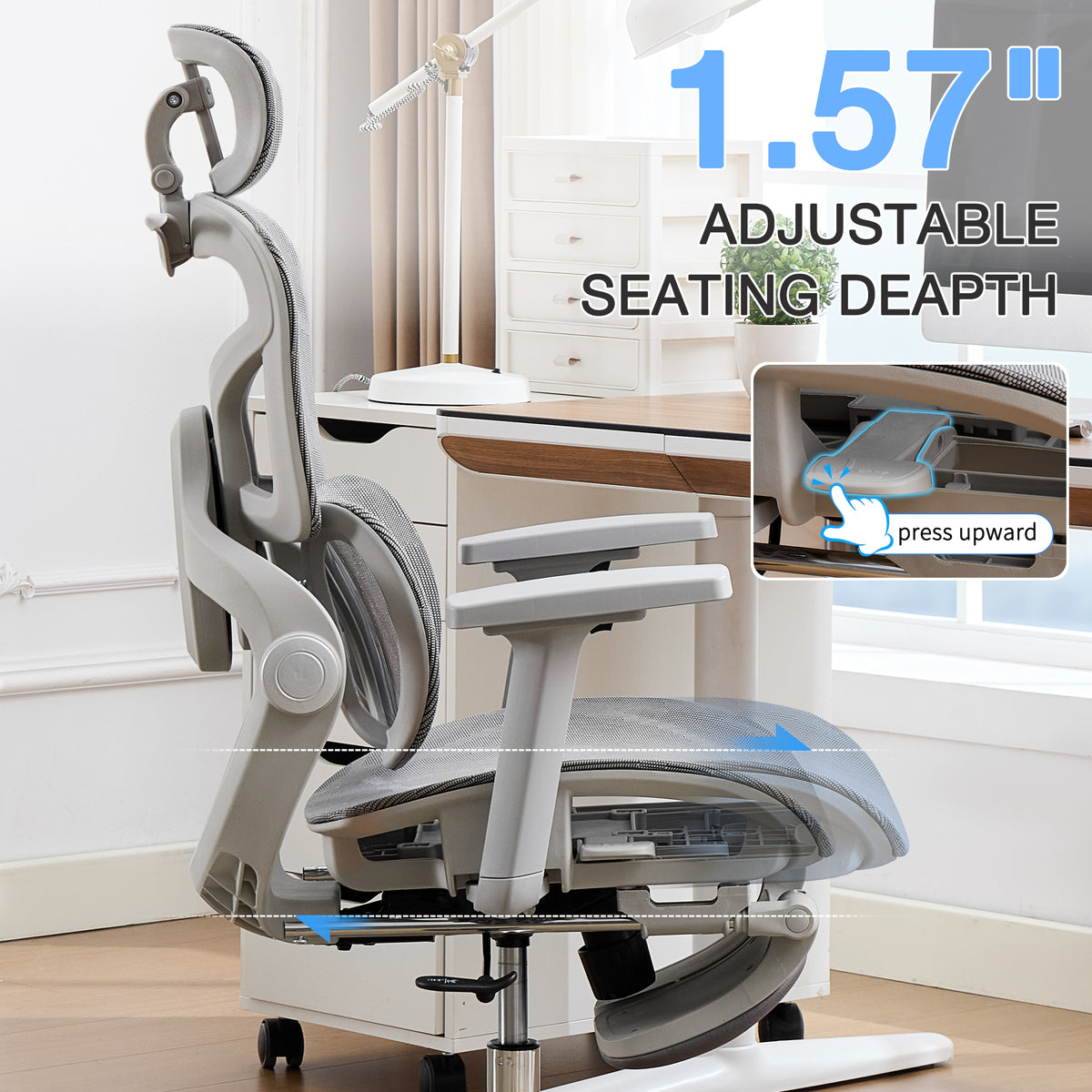 HOMREST Mesh Ergonomic Office Chair with 2-Zone Lumbar Support and Footrest,Grey