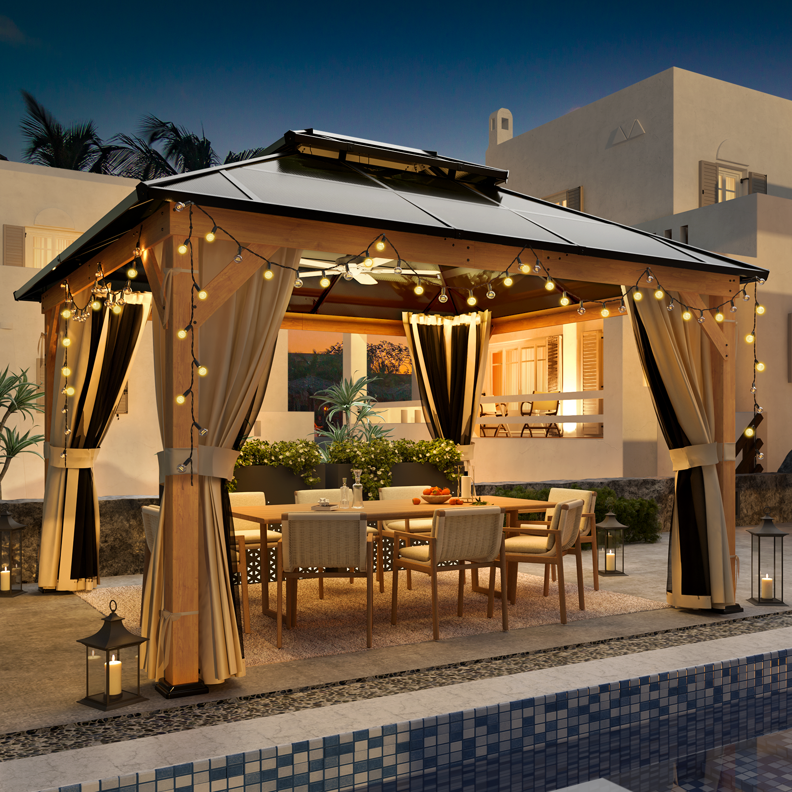 Homrest 11'x 13' Hardtop Gazebo, Wood Outdoor Gazebo, Polycarbonate Double Roof, Netting and Curtains, Patio Gazebo
