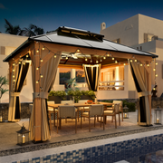 Homrest 11'x 13' Hardtop Gazebo, Wood Outdoor Gazebo, Polycarbonate Double Roof, Netting and Curtains, Patio Gazebo