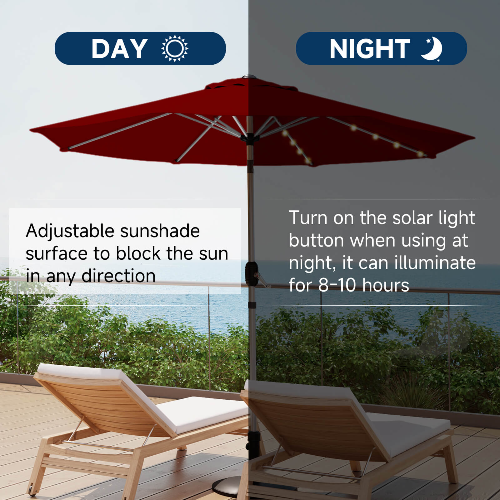 Homrest 9FT Solar Patio Umbrella, Fade-Resistant Outdoor Market Umbrella with Tilt, 8 Aluminum Ribs for Gardens,Burgundy
