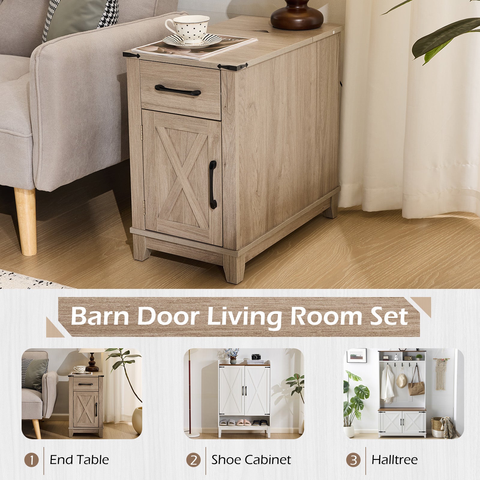 HOMREST Farmhouse End Table with Charging Station, Narrow Side Table for Living Room, Nightstand with Drawer and Storage Cabinet, Gray