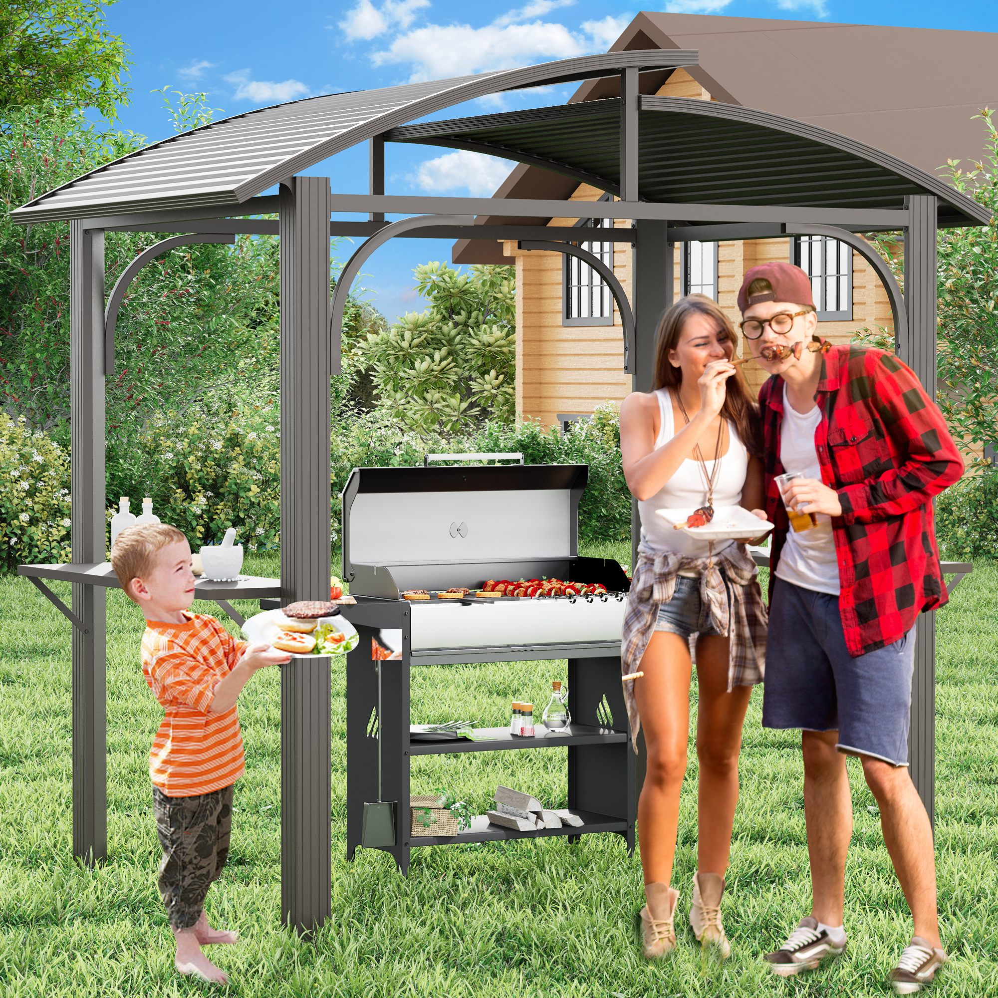 HOMREST 8' x 5' Hardtop Grill Gazebo, Outdoor BBQ Gazebo with 2 Side Shelves, Bottle Opener and Curved Galvanized Steel Roof, Brown