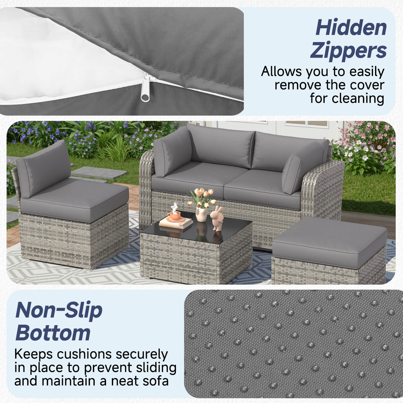 HOMREST 9-Piece Outdoor Sectional Cushions for 4-Seat Sofa, Waterproof Deep Seat w/ Non-Slip & Machine Washable Covers, Gray