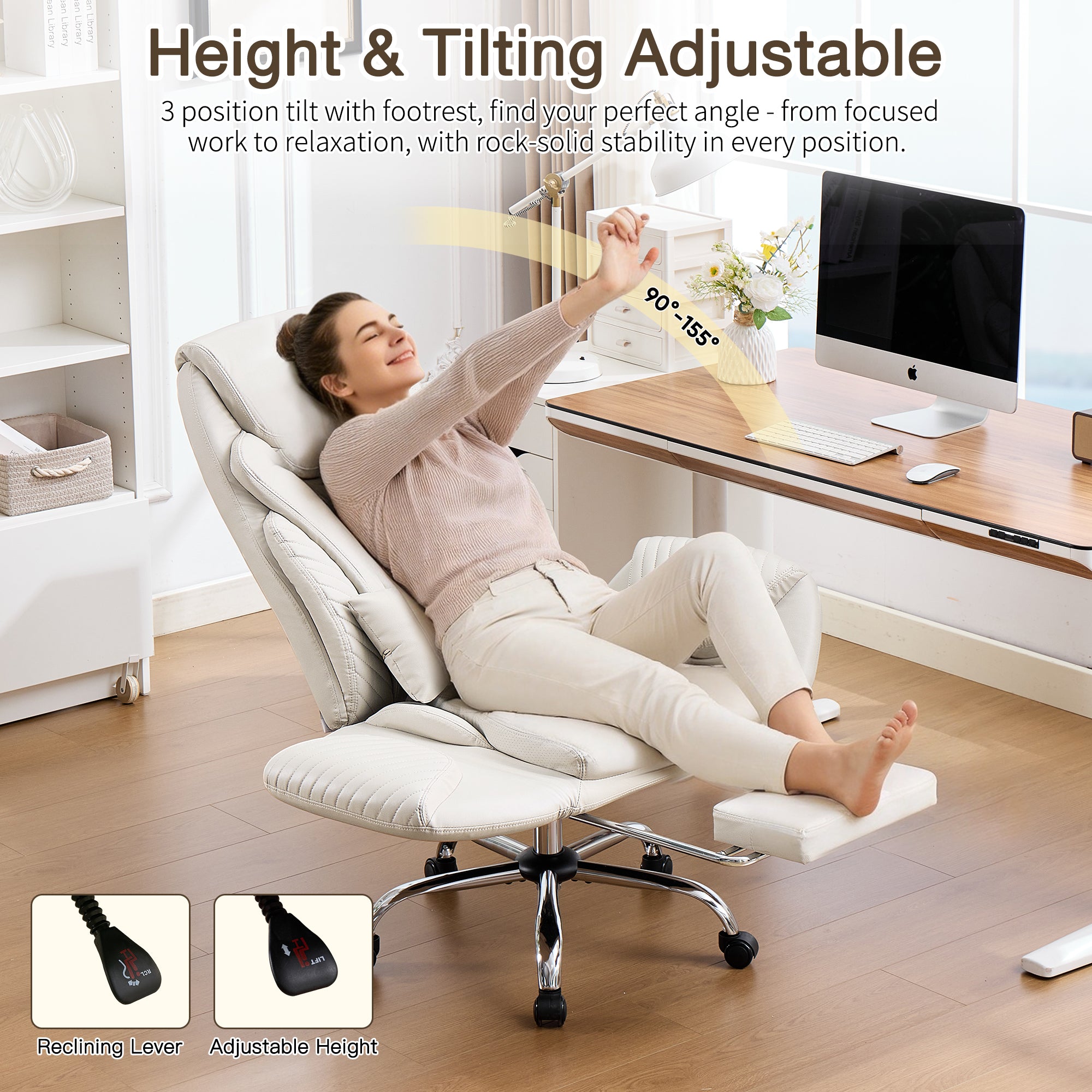 HOMREST Modern Cross Legged Office Chair with Footrest,Leather Ergonomic Executive Chair with Lumbar Pillow, Beige