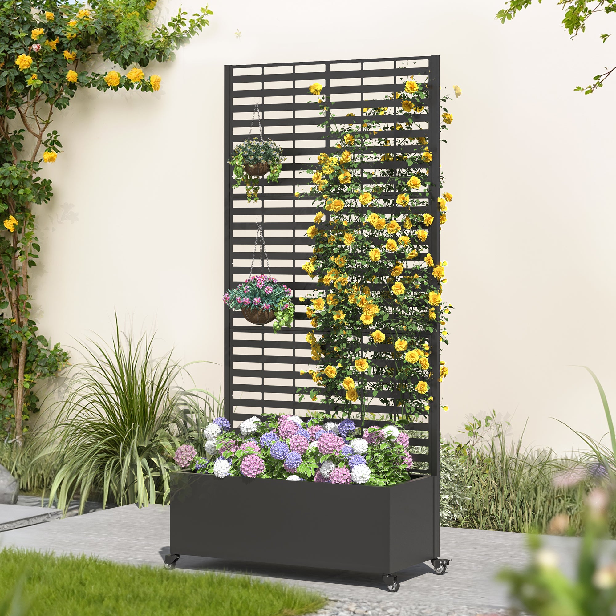 HOMREST Metal Planter Box with Trellis, 73"x 35"x 16" Raised Garden Bed with Wheels and Drainage Holes, Planter with Trellis for Garden, Balcony and Patio, Black Louvered