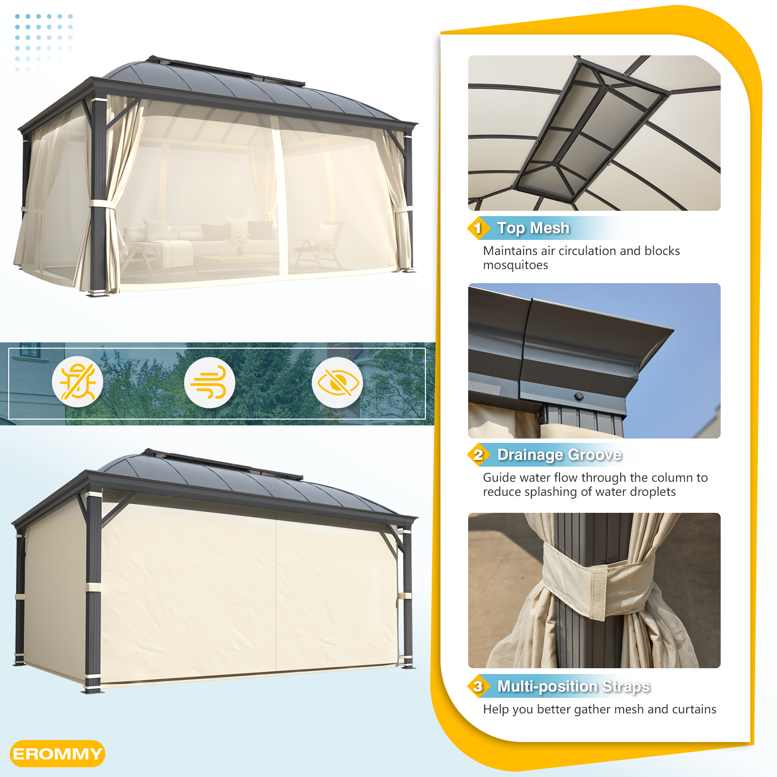 Homrest 12' x 16' Hardtop Permanent Outdoor Aluminum Patio Gazebo, Double Roof for Patio Lawn and Garden, Curtains and Netting Included