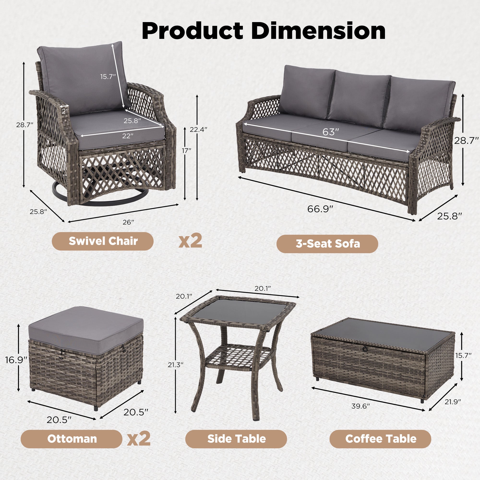 HOMREST 7 Piece Patio Furniture Set, Rattan Outdoor Sectional for Deck Backyard Porch (Gray)