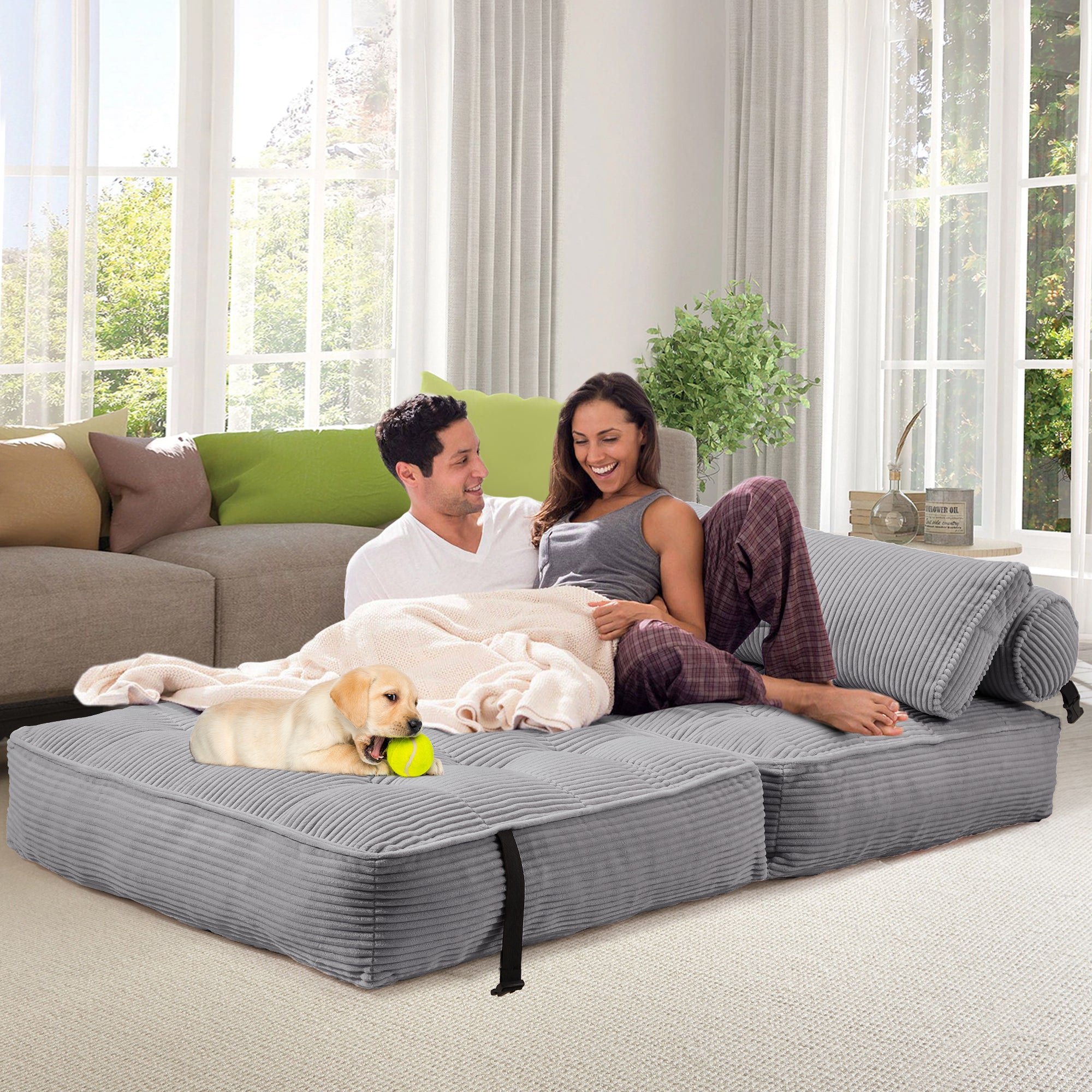 HOMREST Folding Out Chair Bed, Convertible Sofa Bed with 2 Pillows, Gray Blue