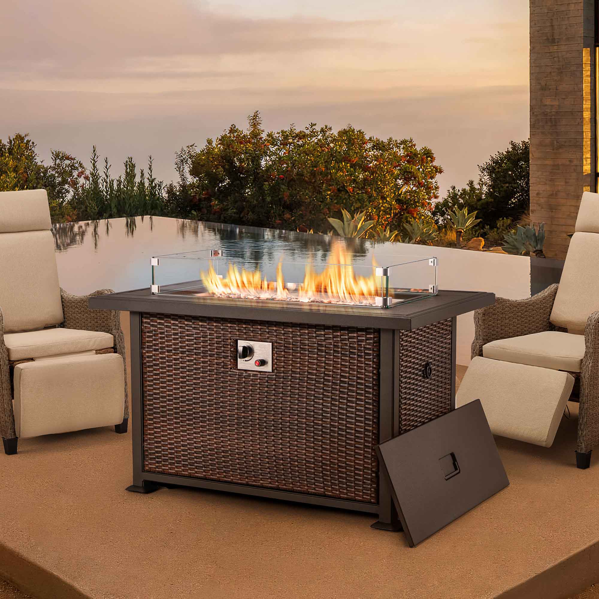 44 In Propane Fire Pit with Glass Wind Guard and Aluminum Table Top for Christmas Party and Decoration, Dark Brown | Homrest Furniture