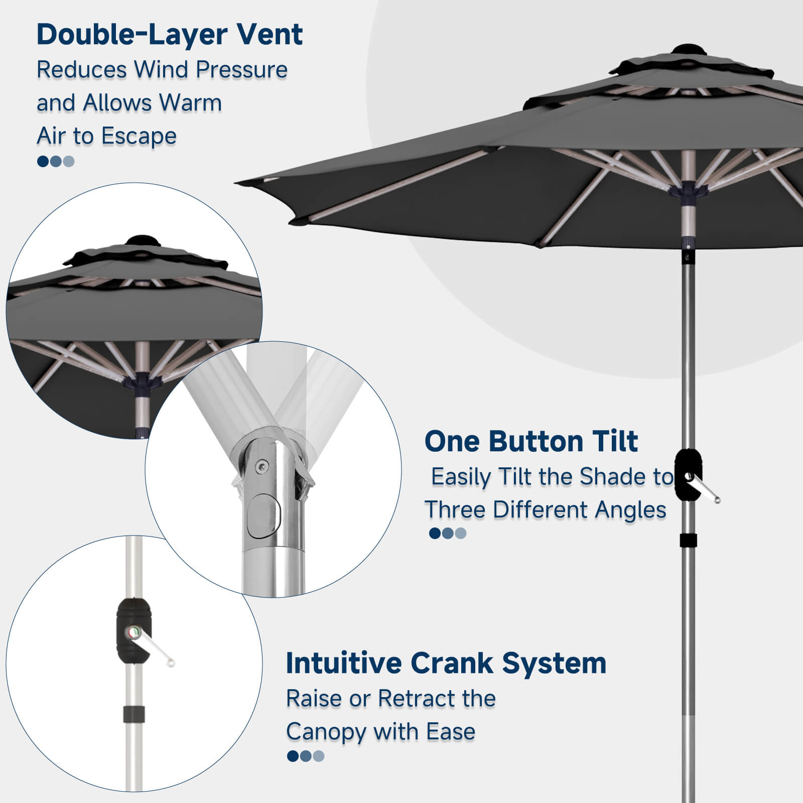 HOMREST 10FT 3-Tier Aluminum Outdoor Patio Umbrella with Push Button Tilt Function, Grey