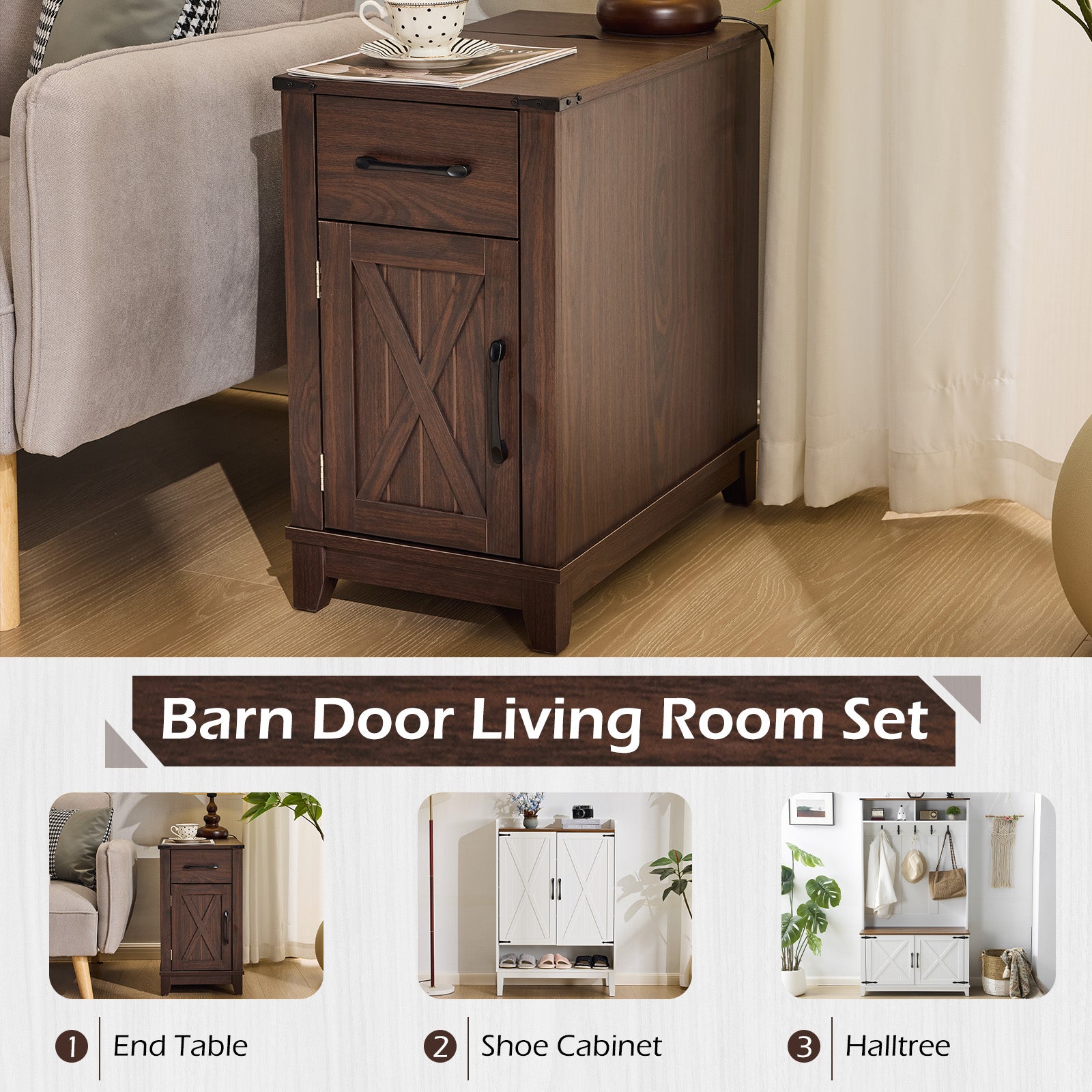 HOMREST Farmhouse End Table with Charging Station, Narrow Side Table for Living Room, Nightstand with Drawer and Storage Cabinet, Choco