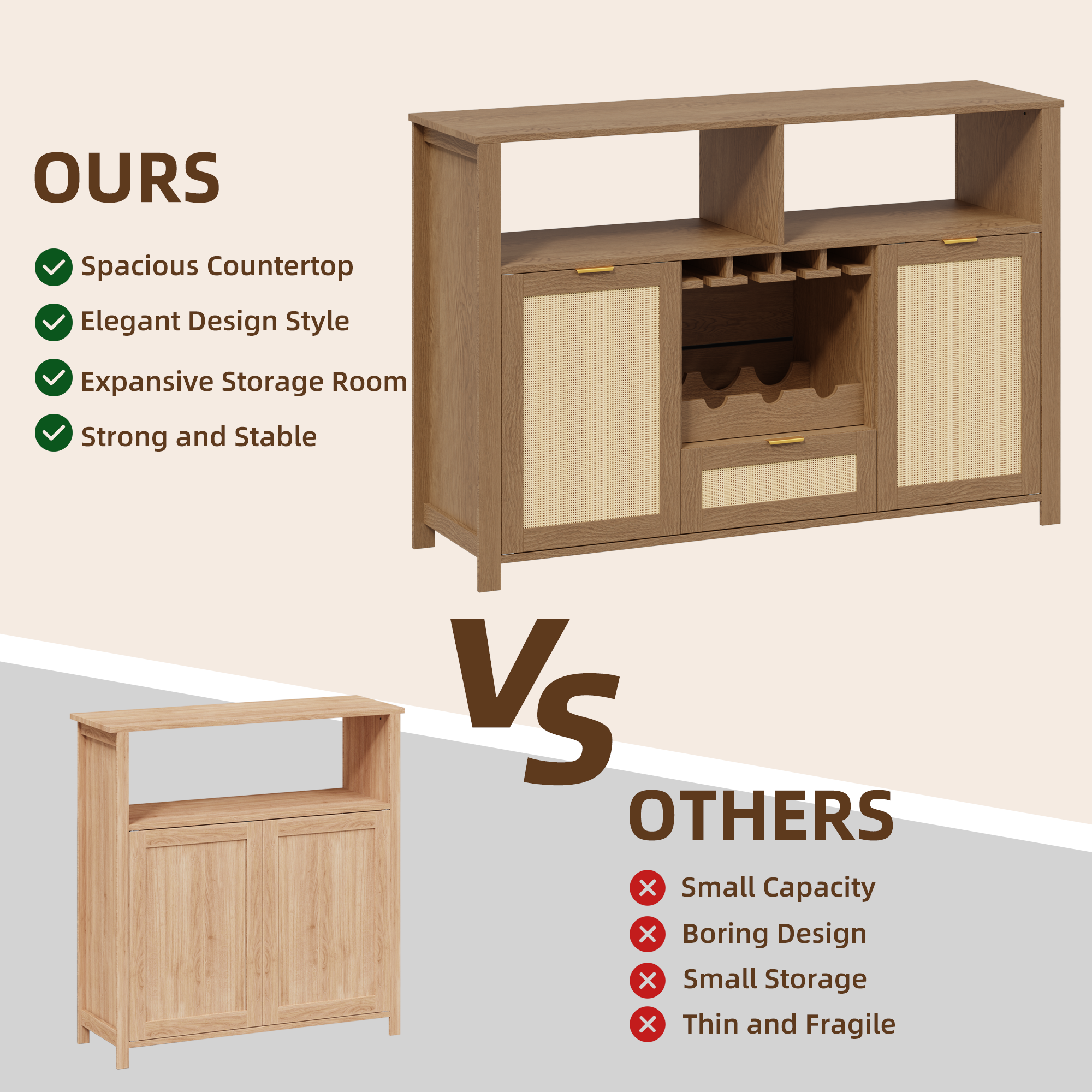 HOMREST Farmhouse Bar Cabinet with Storage, Wine Racks and Drawers for Dining Room and Living Room, Walnut Brown