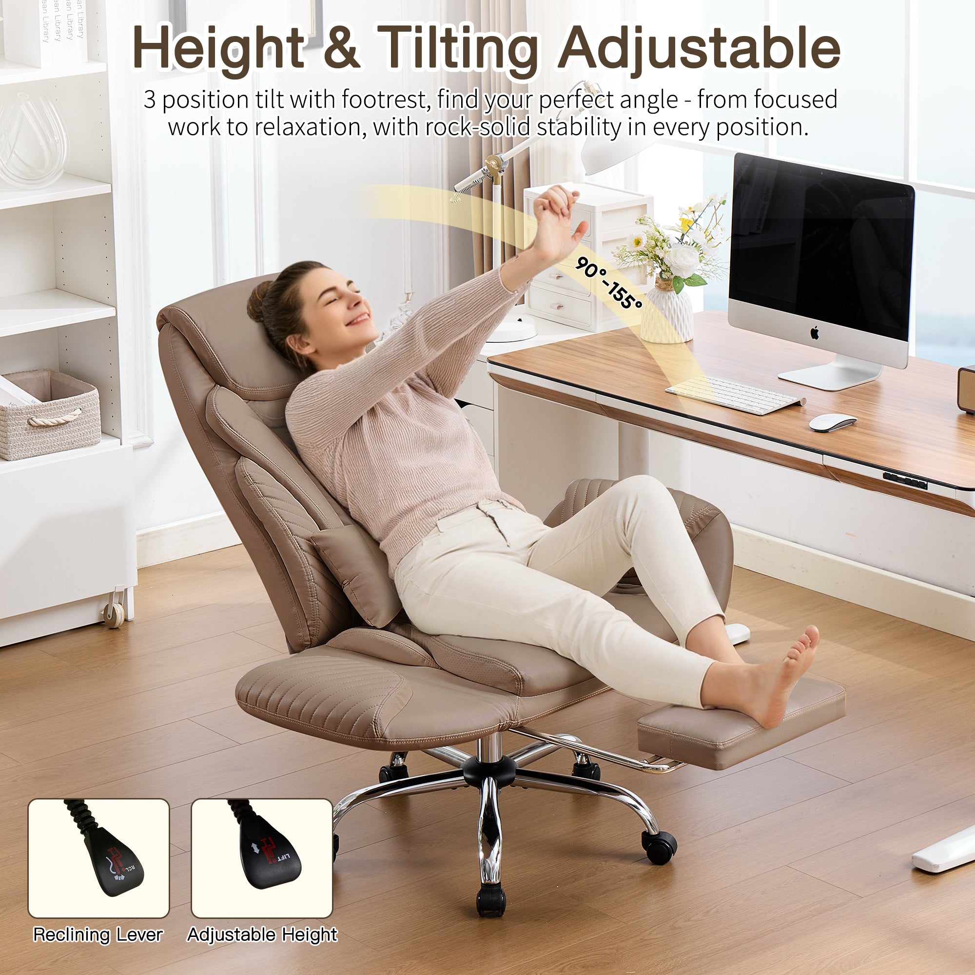 HOMREST Modern Cross Legged Office Chair with Footrest,Leather Ergonomic Executive Chair with Lumbar Pillow, Brown