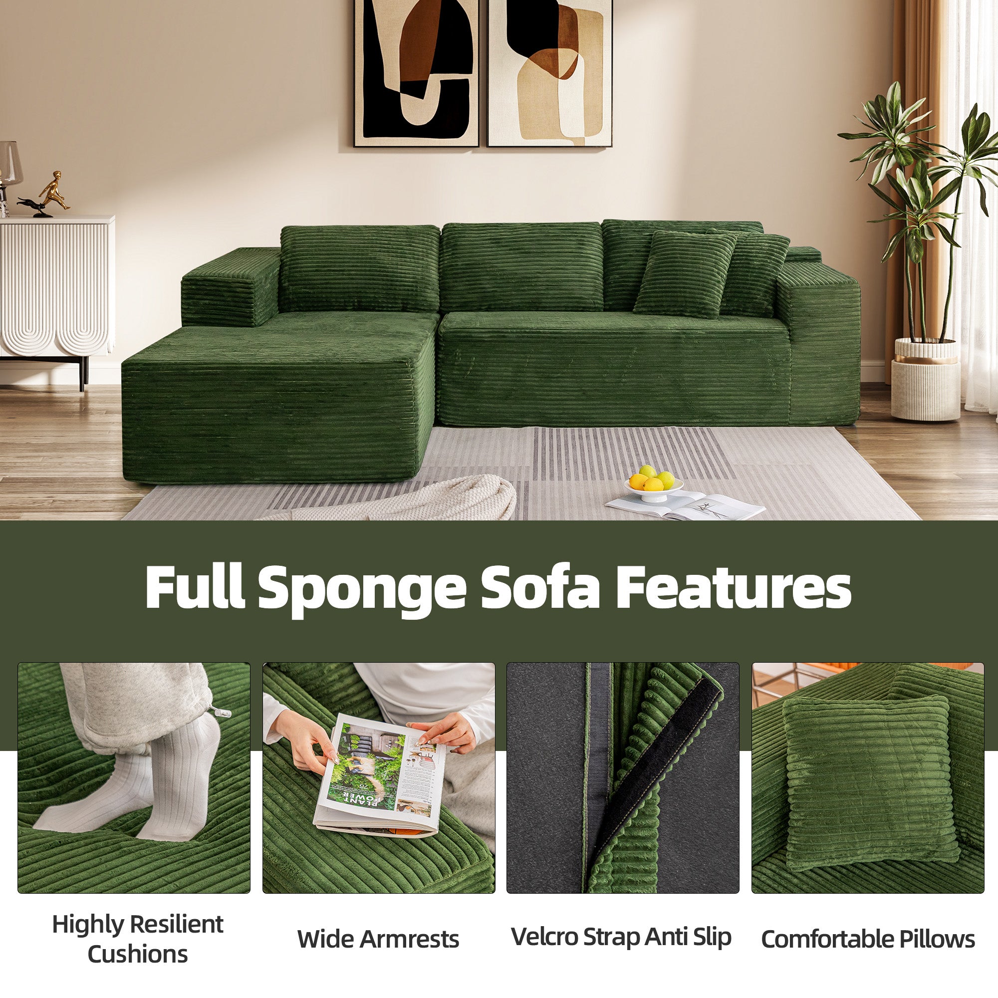 HOMREST 106 inch Cloud Sectional Couch with Chaise Lounge for Living Room Bedroom Apartment, Corduroy Fabric, Green