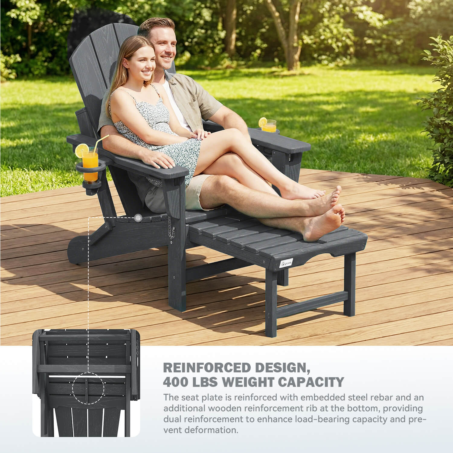 HOMREST 3-Level  Adjustable Adirondack Chair with Retractable Ottoman, Folding HDPE Outdoor Chair with Cup Holders, Gray