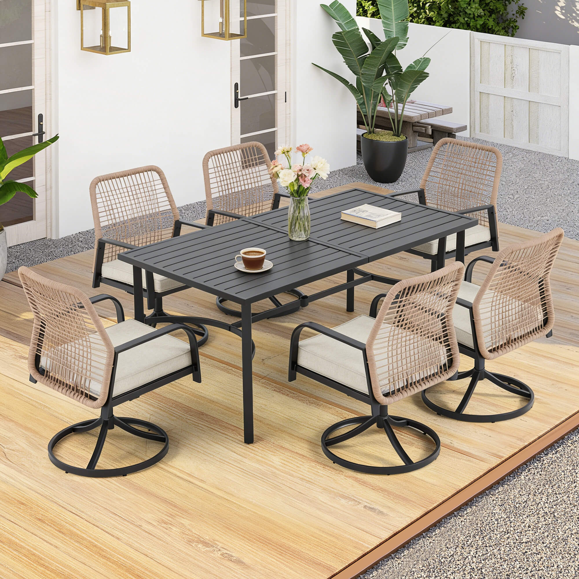 HOMREST 7-Piece Outdoor Dining Set, 6 Swivel Rattan Chairs with Thick Removable Cushions, Rectangular Dining Table with Umbrella Hole