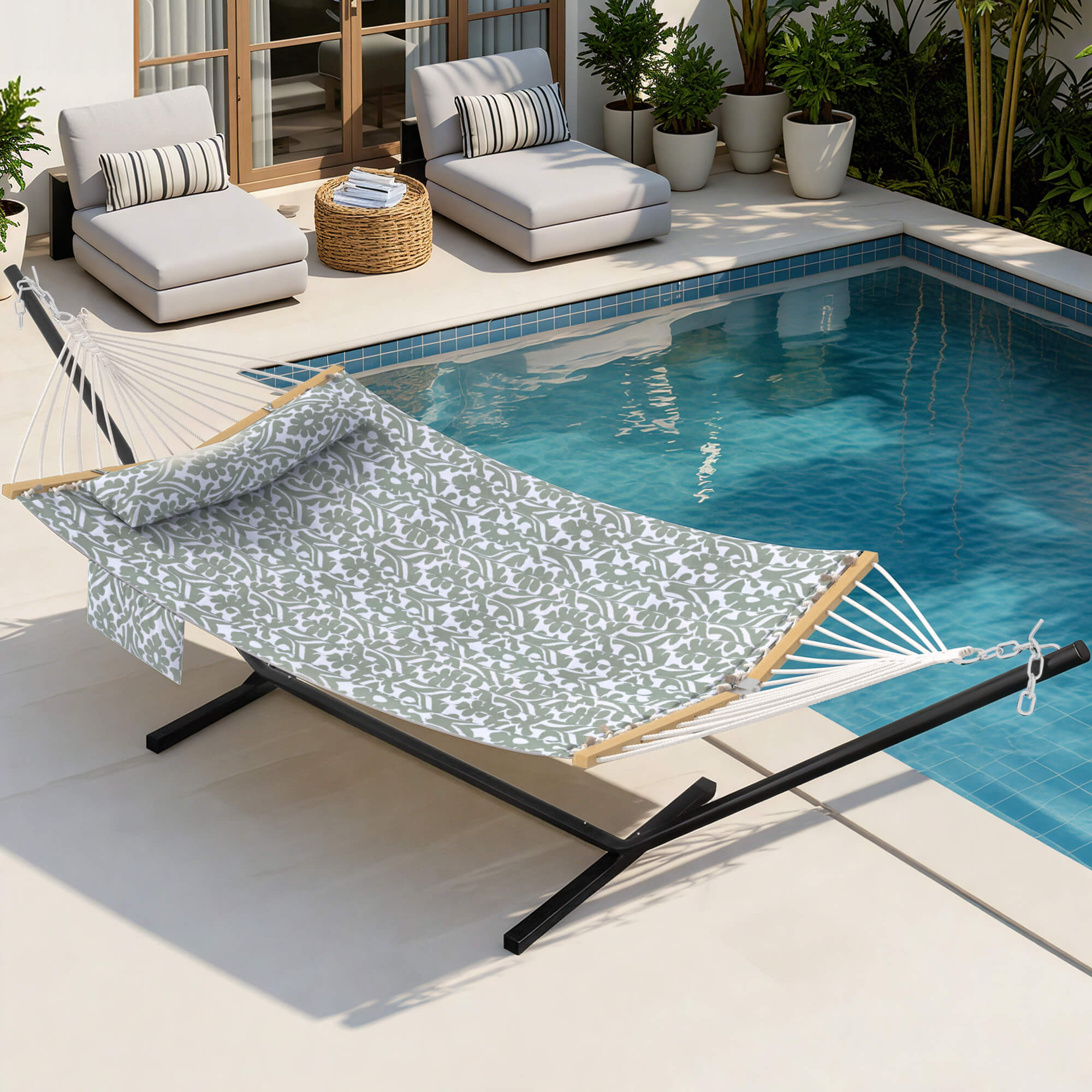 HOMREST Modern Rope Hammock with Stand, Portable Outdoor Hammock for Backyard, Beach & Camping, Gray Floral
