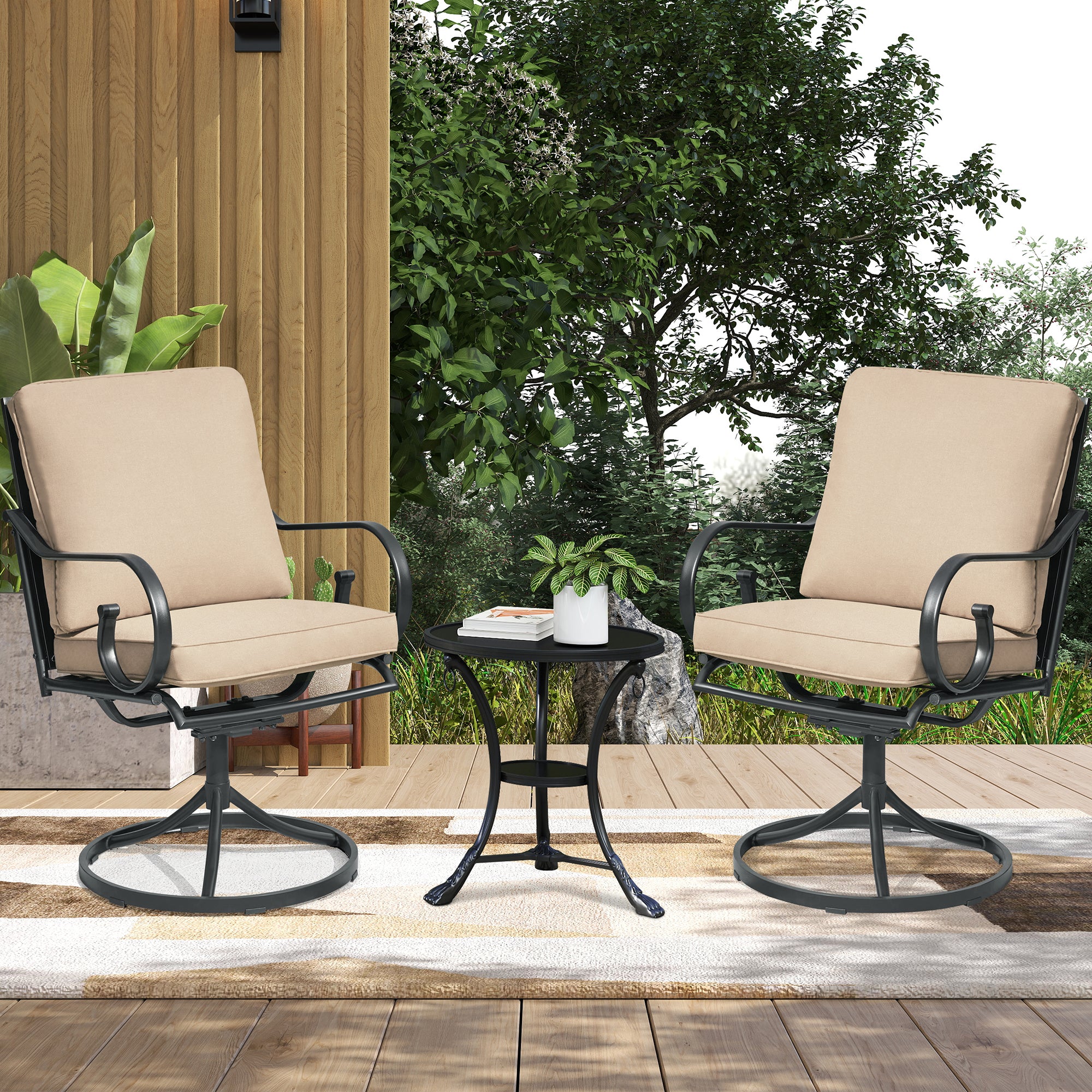 HOMREST  Patio Swivel Chair Set of 2, Outdoor Dining Chairs with Cushions, khaki