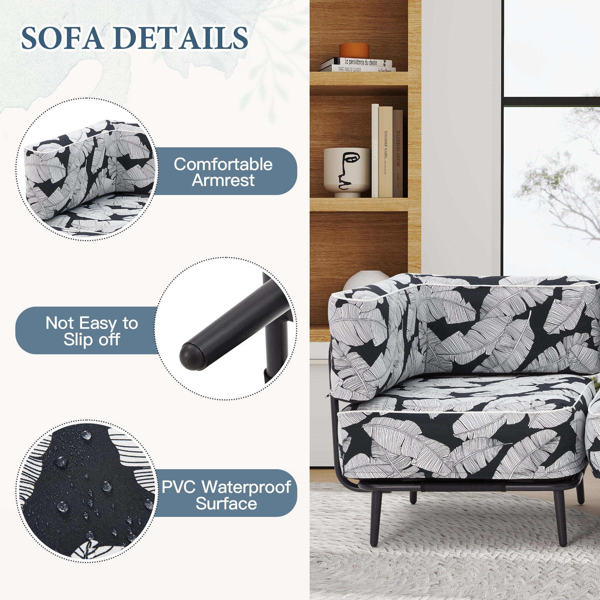 HOMREST 4-Piece Inflatable Couch Set, Portable Oxford Fabric Blow Up Couch Lounger, White Black Leaf Pattern