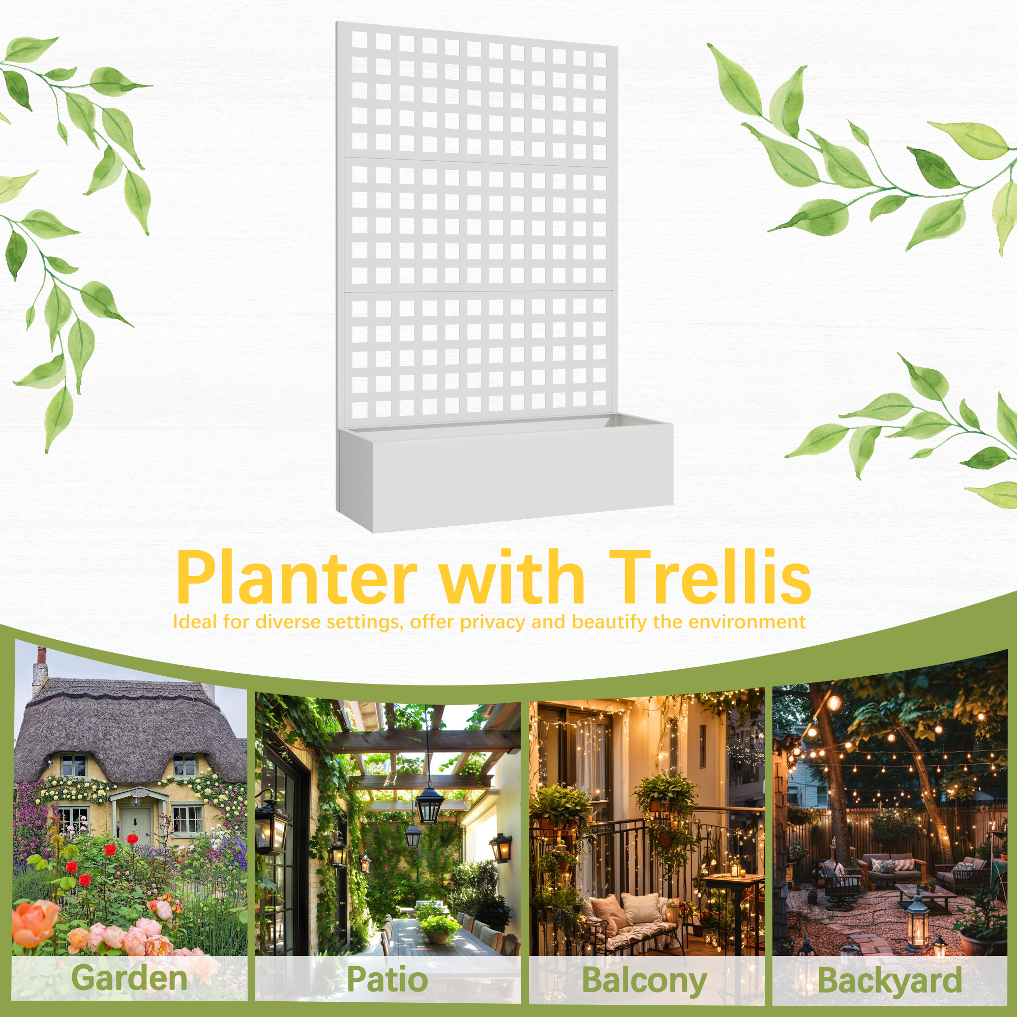 HOMREST Metal Planter Box with Trellis, 71"x 47"x 16" Raised Garden Bed with Trellis, Planter Box Trellis with Privacy Screen and Drainage Holes, White