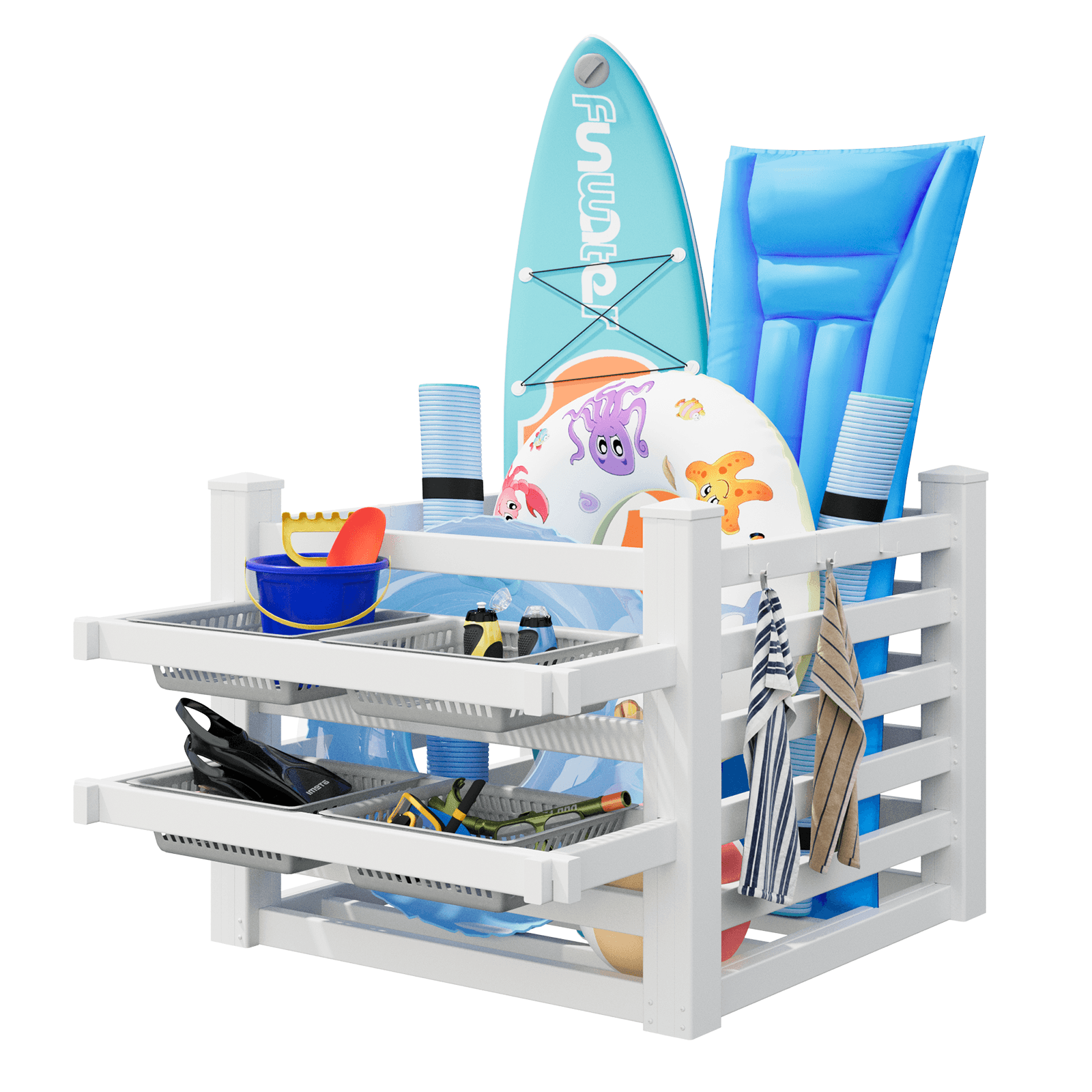 HOMREST 64" W x 46" L x 38" H Pool Storage Organizer with Hooks, Waterproof Float Storage Bin, White