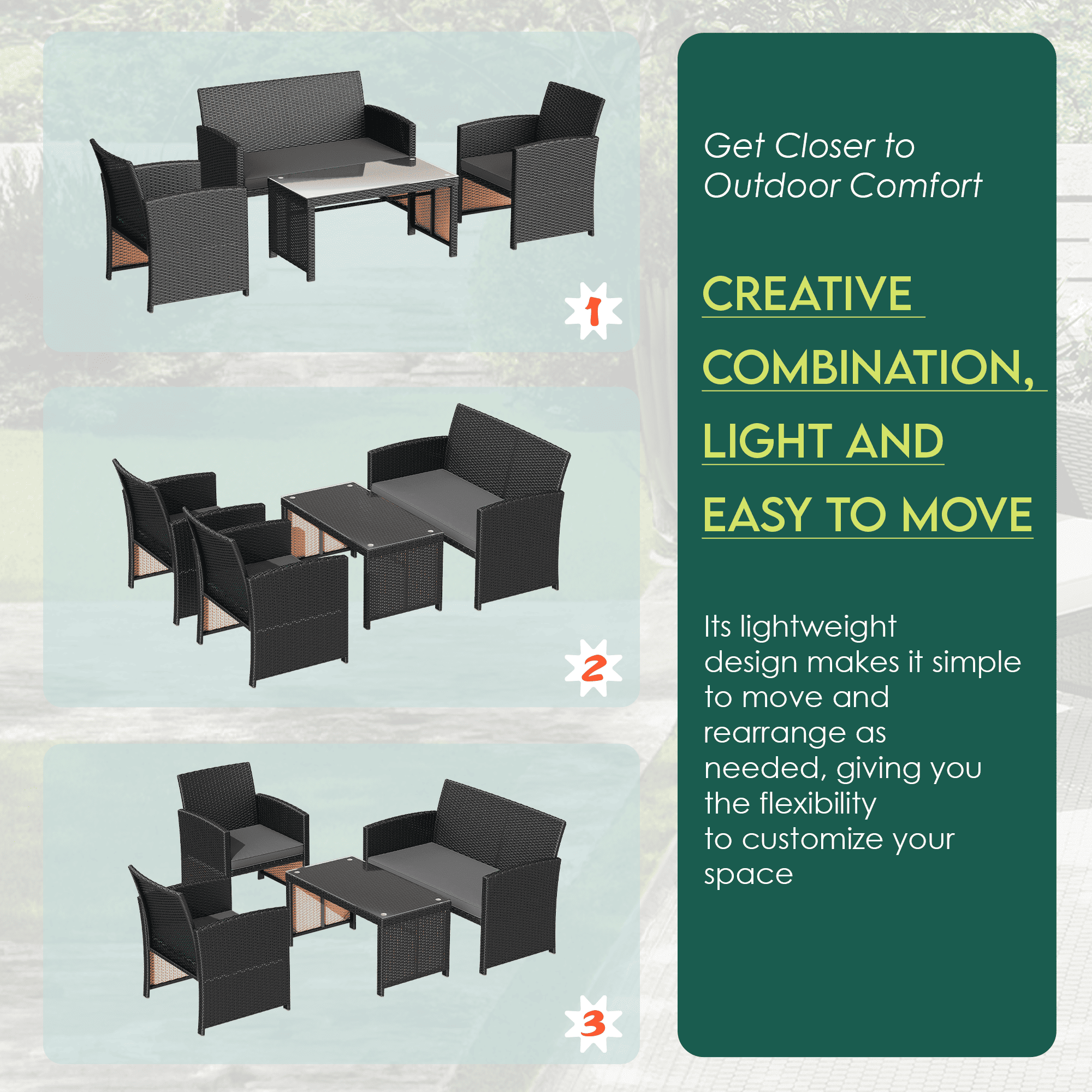 HOMREST 4-Piece Patio Furniture Set, Outdoor Wicker Patio Conversation Set with Cushions, Sofa & Glass Coffee Table, Gray