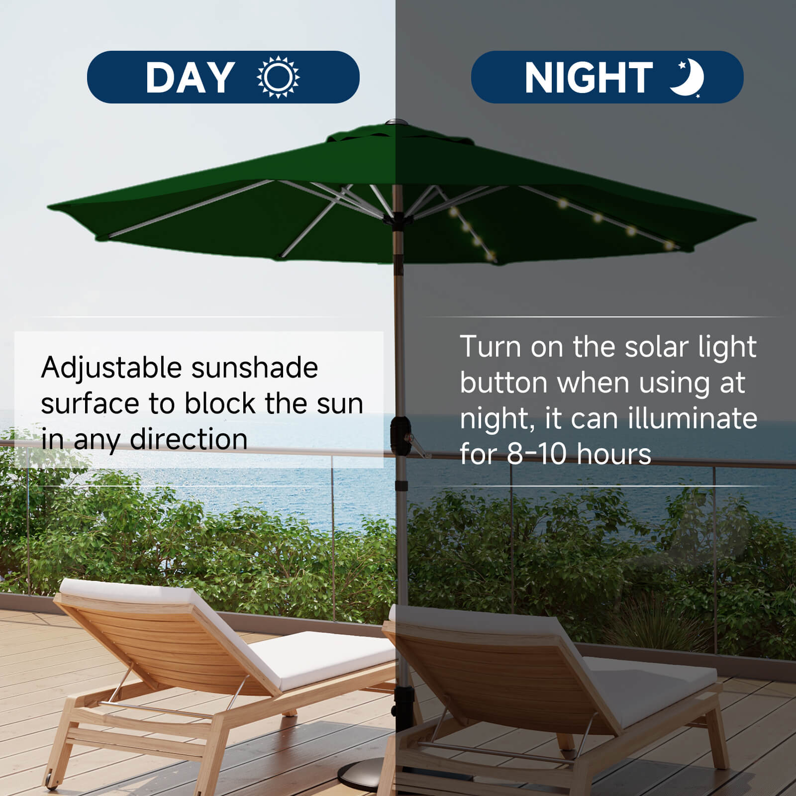 Homrest 9FT Solar Patio Umbrella with Tilt, 8 Aluminum Ribs for Gardens, Green