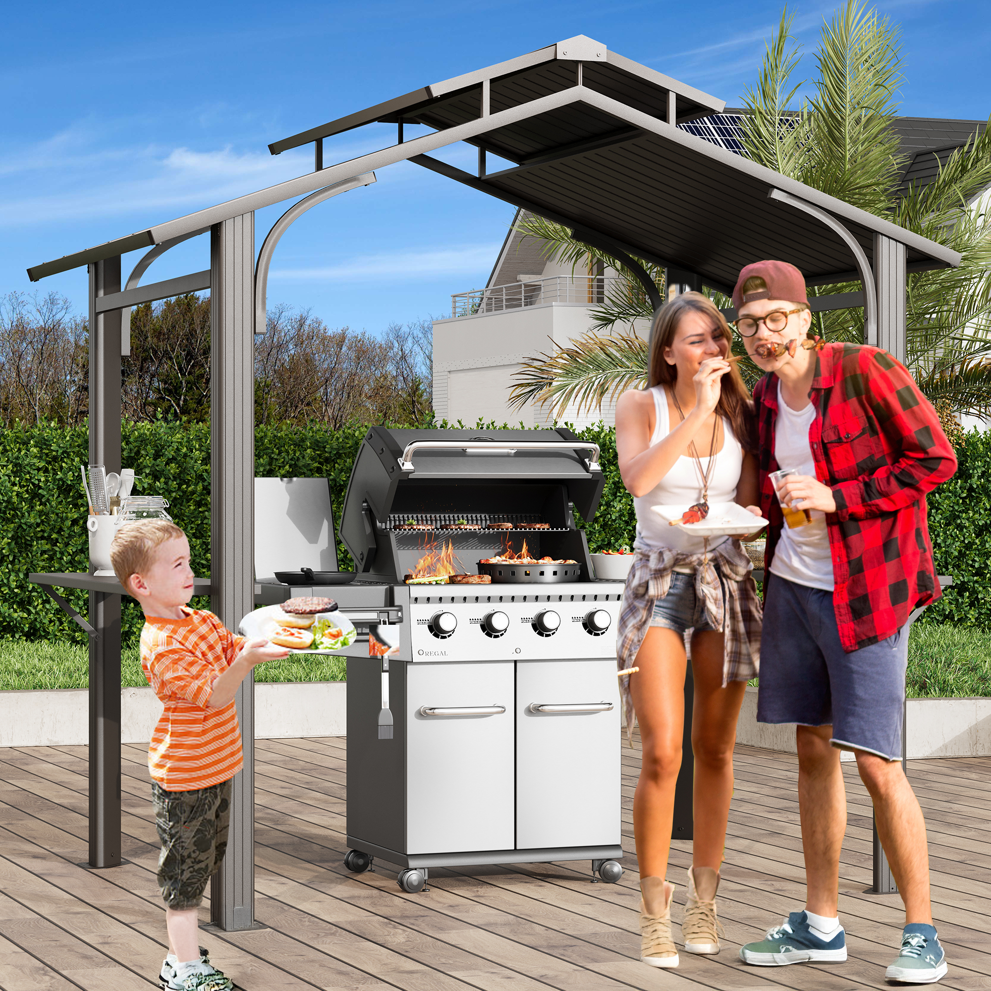 HOMREST 8' x 5' Hardtop Grill Gazebo with 2 Side Shelves, Bottle Opener, and Galvanized Steel Double Roof, Brown