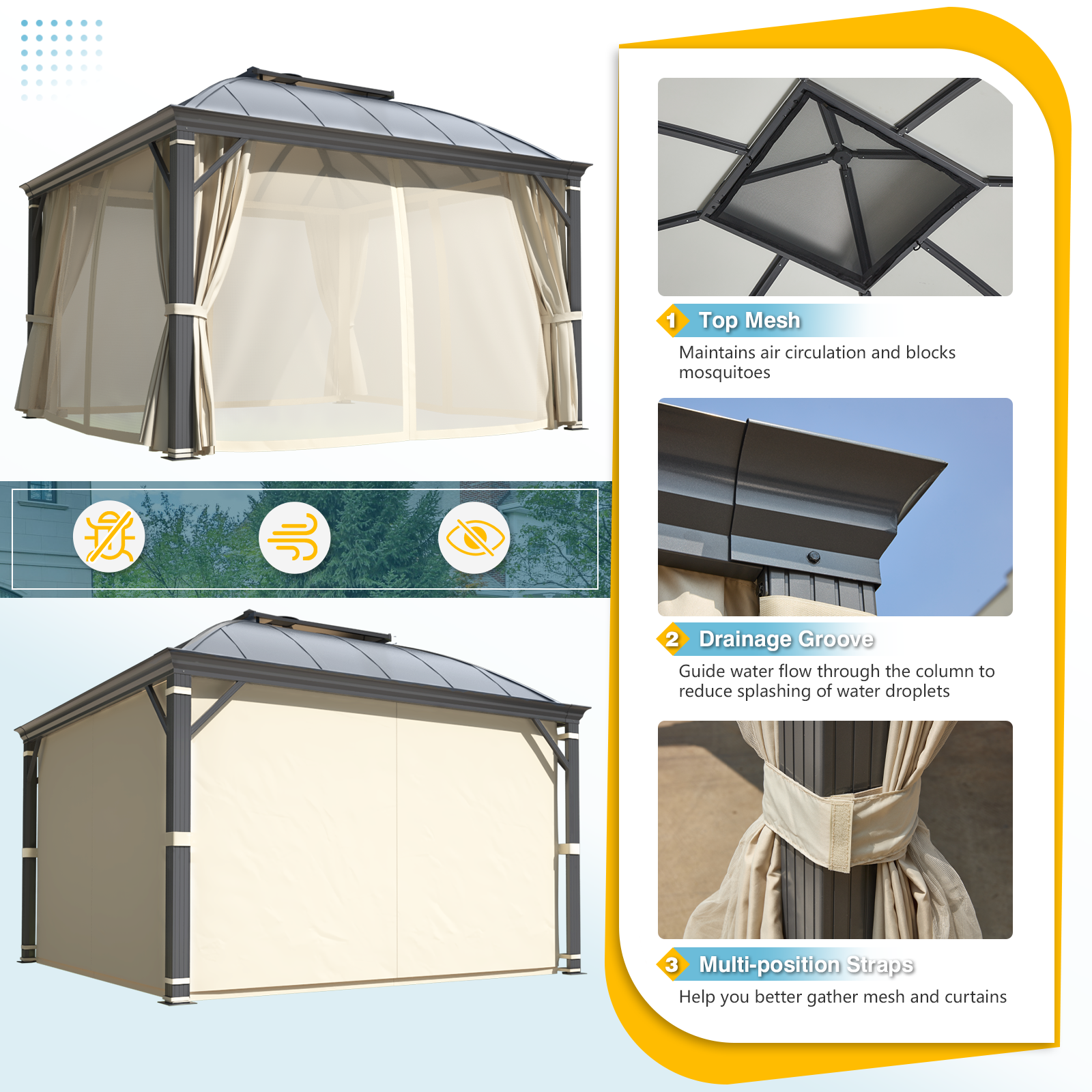 Homrest 12' x 12' Hardtop Gazebo, Permanent Outdoor Aluminum Patio Gazebo with Aluminum Composite Double Arc Roof, Curtains and Netting Included