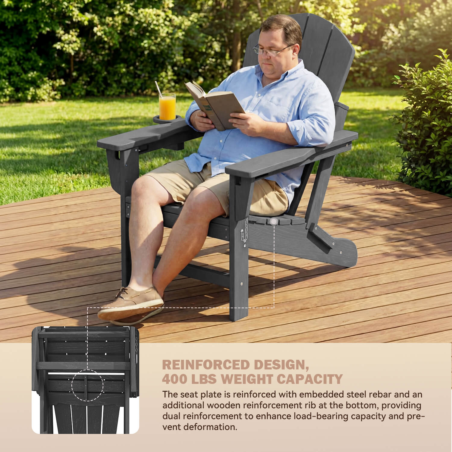 HOMREST 3-Position Adjustable Adirondack Chairs Set of 2, 400LBS HDPE Folding Outdoor Chairs with Cup Holder, Gray