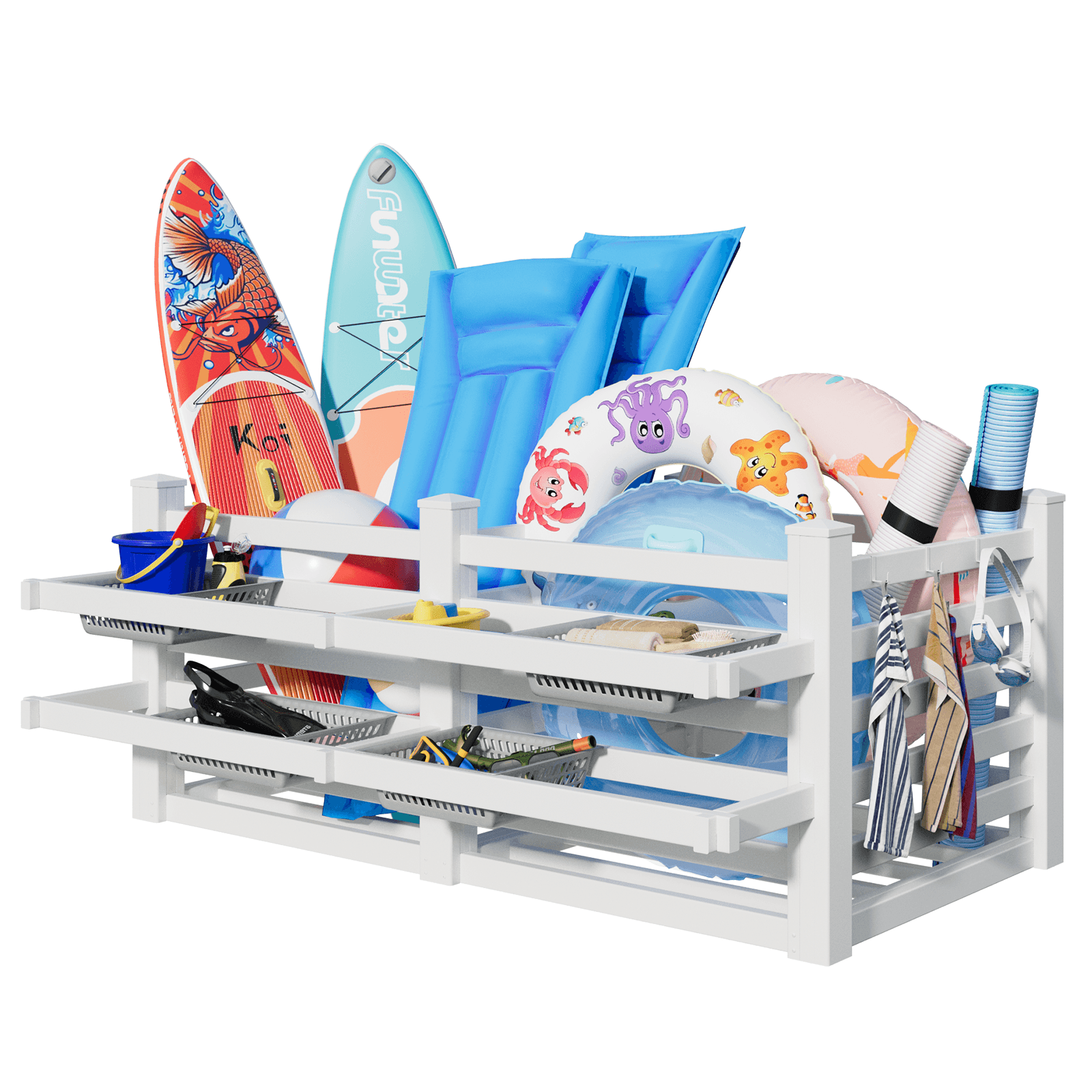 HOMREST 64" W x 92" L x 38" H Extra Large Pool Storage Organizer with Hooks, Waterproof Float Storage Bin, White