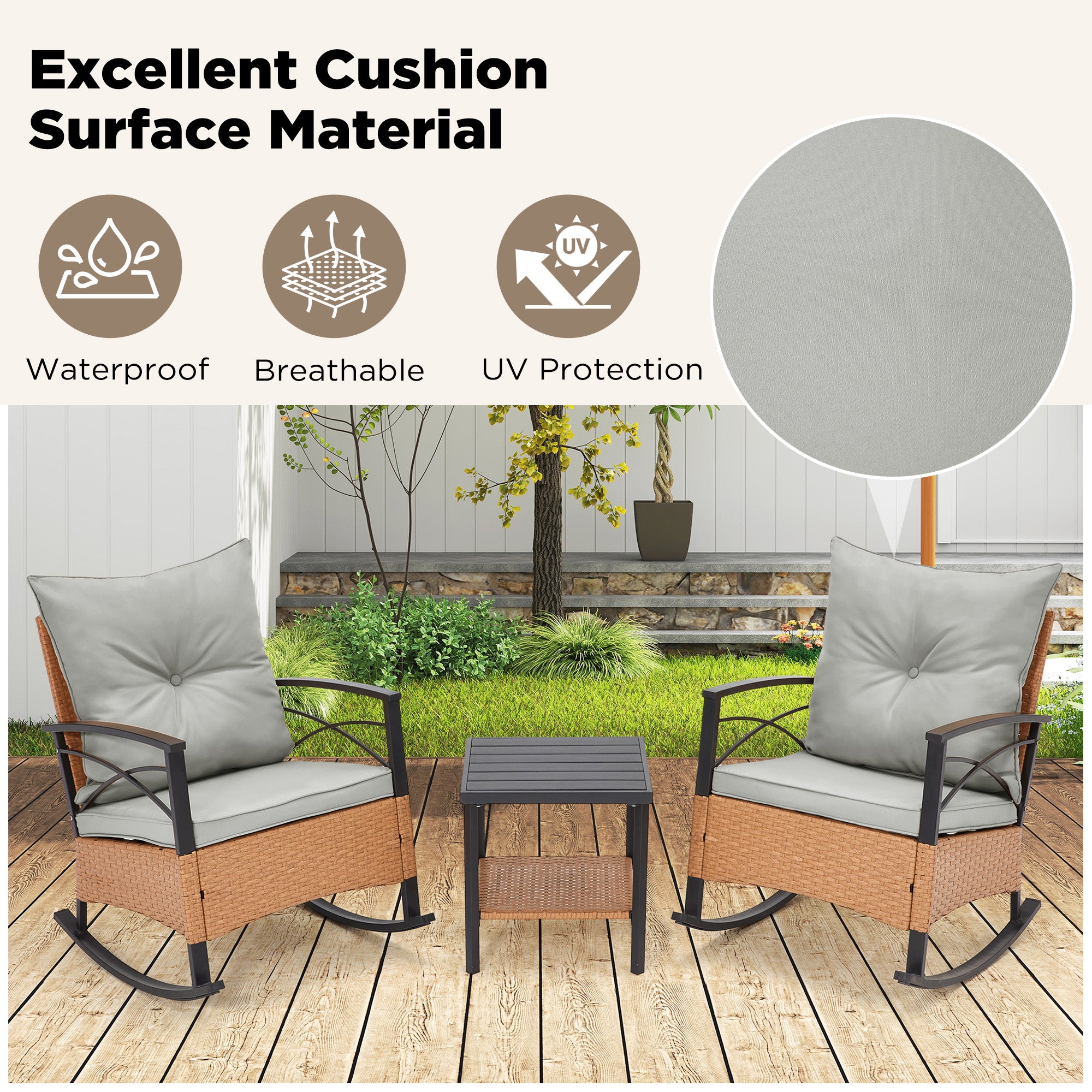 HOMREST 3-Piece Bistro Set: Outdoor Rattan Rocking Chairs with Cushions and Coffee Table