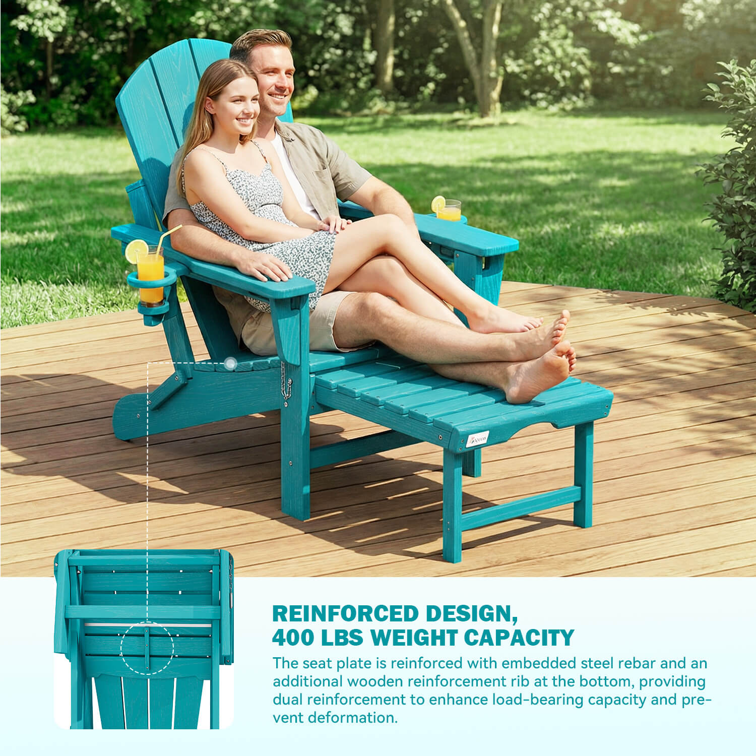 HOMREST 3-Level  Adjustable Adirondack Chair with Retractable Ottoman, Folding HDPE Outdoor Chair with Cup Holders, Aruba Blue