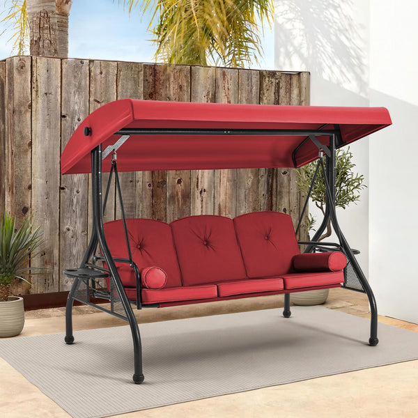 3-Seat Outdoor Porch Swing with Cupholders, Adjustable Canopy and Backrest, Wine Red