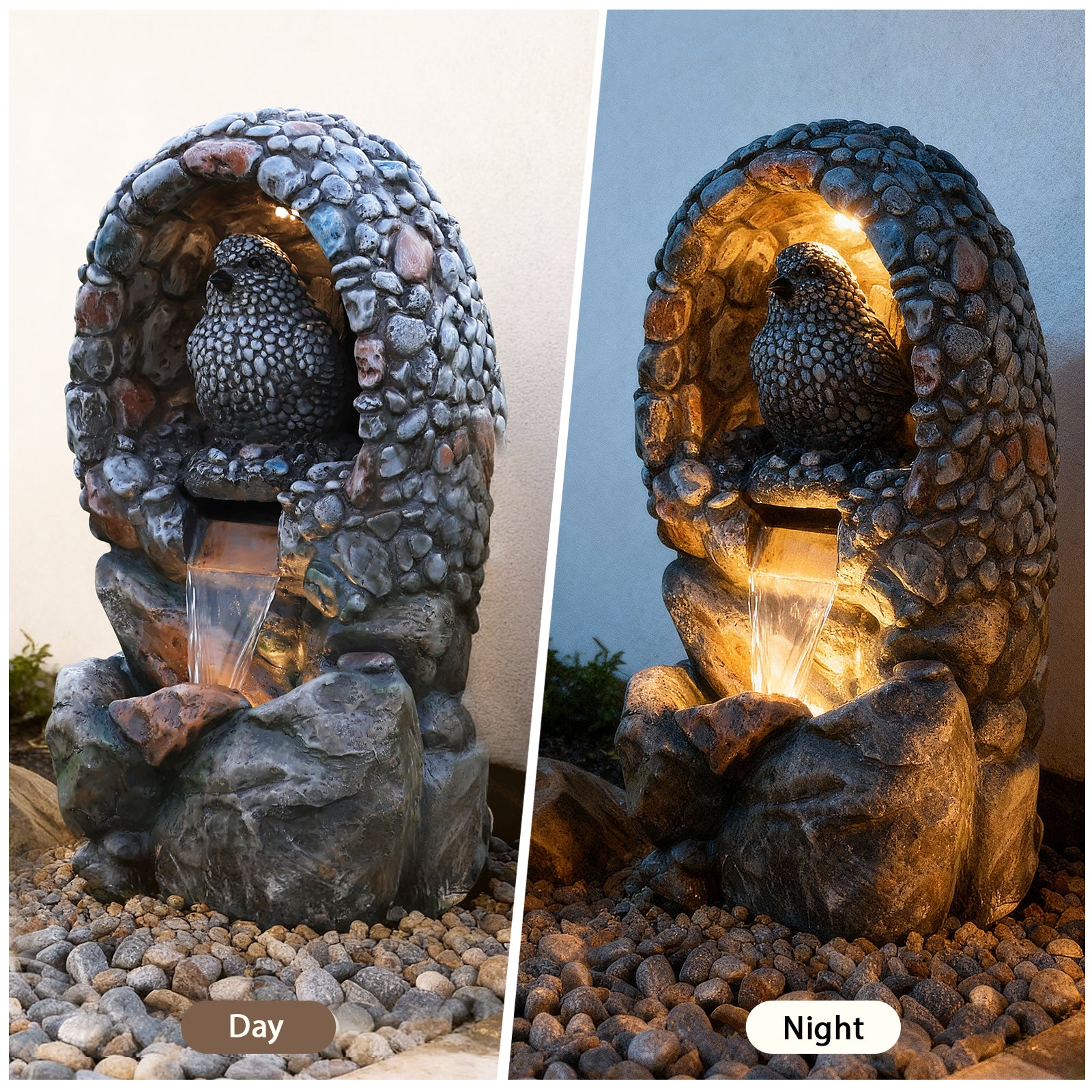 HOMREST Outdoor Water Fountain - Rock-Hollow Bird Outdoor Waterfall Fountain with LED Lights Effect for Patio Deck Yard Home,Gray