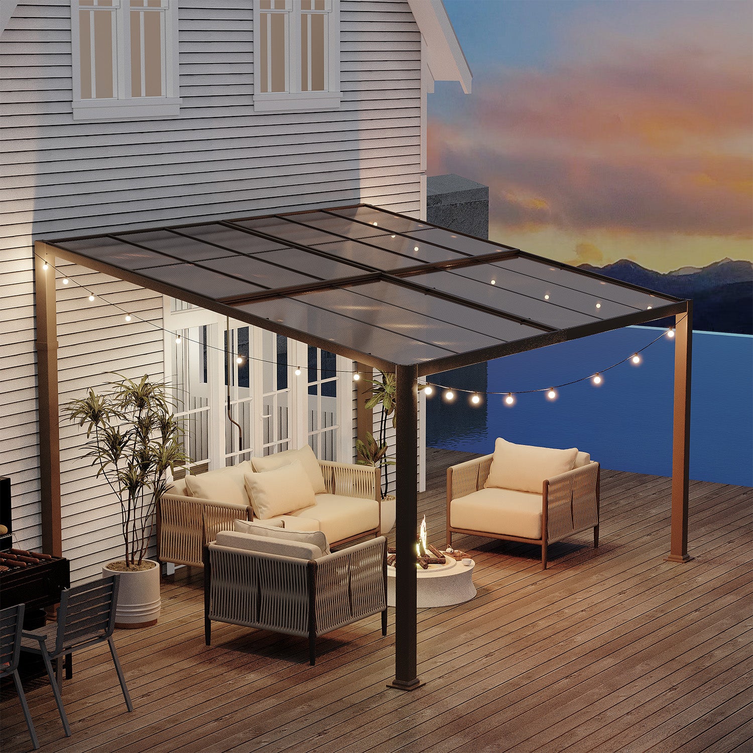 HOMREST 10' x 13' Lean to Gazebo, Patio Gazebo with Adjustable Polycarbonate Roof, Hardtop Wall Mounted Gazebo with Metal Frame