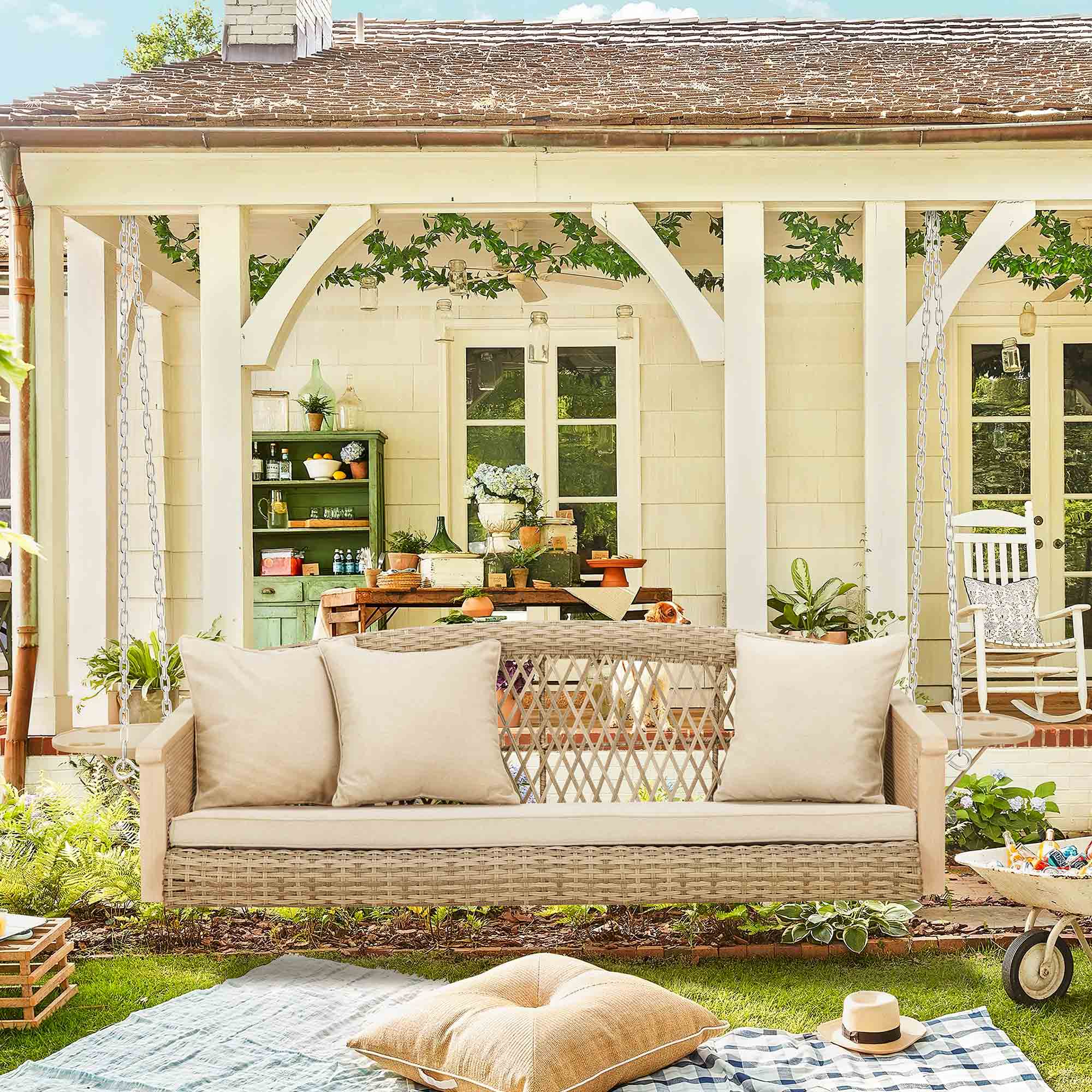 3-Seater Wicker Porch Swing with Cup Holders and Waterproof Cushions for Porch, Poolside, Beige