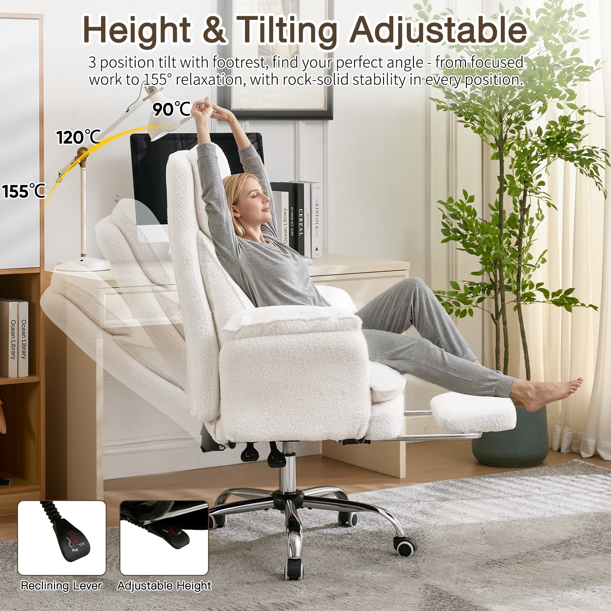 HOMREST Cloud Cross Legged Office Chair with Footrest,Leather Big and Tall Executive Ergonomic Chair,155° Reclining Computer Wide Desk Chair, White
