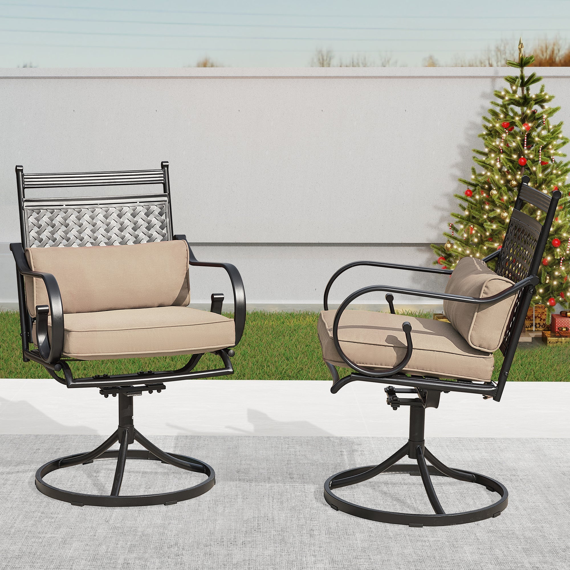 homrest Patio Swivel Chair Set of 2, Outdoor Dining Chairs with Cushions for Porch, Deck, and Garden, Khaki