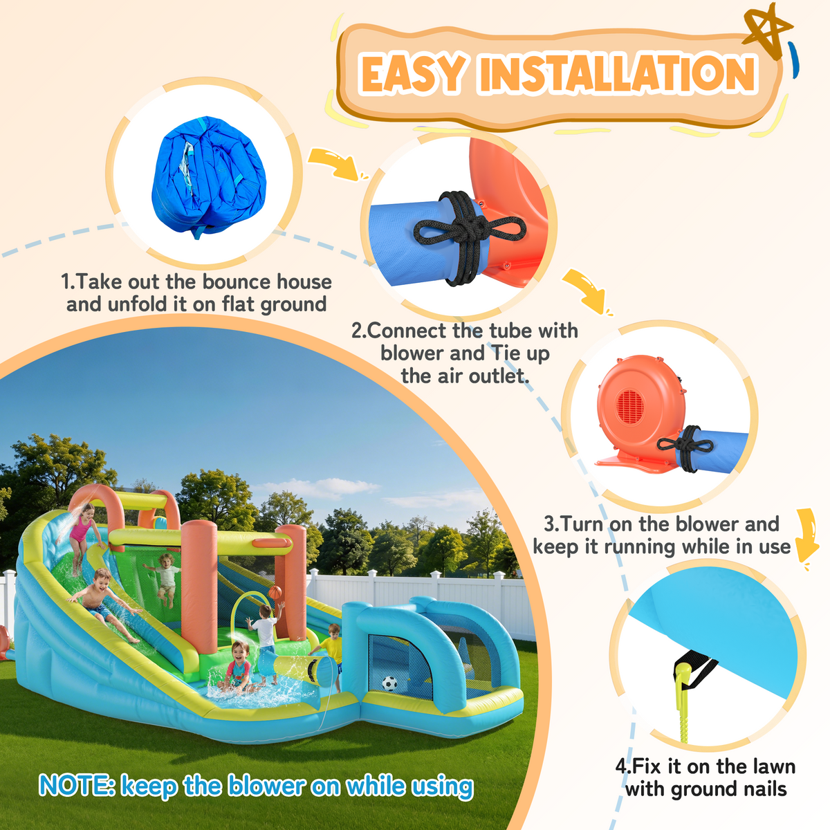 Homrest Inflatable Bounce House with Double Slide, Bouncy Castle for Kids 3-12 with Blower, Water Cannon, Football Net, Jumping, Climbing Wall, Basketball Hoop, Backyard Water Park for Kids