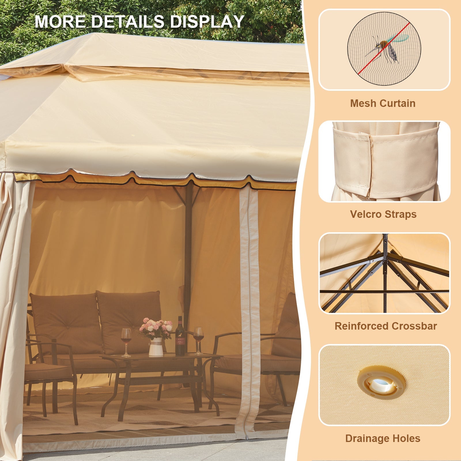 Homrest 10x20 Outdoor Canopy Gazebo with Netting and Shade Curtains, Beige