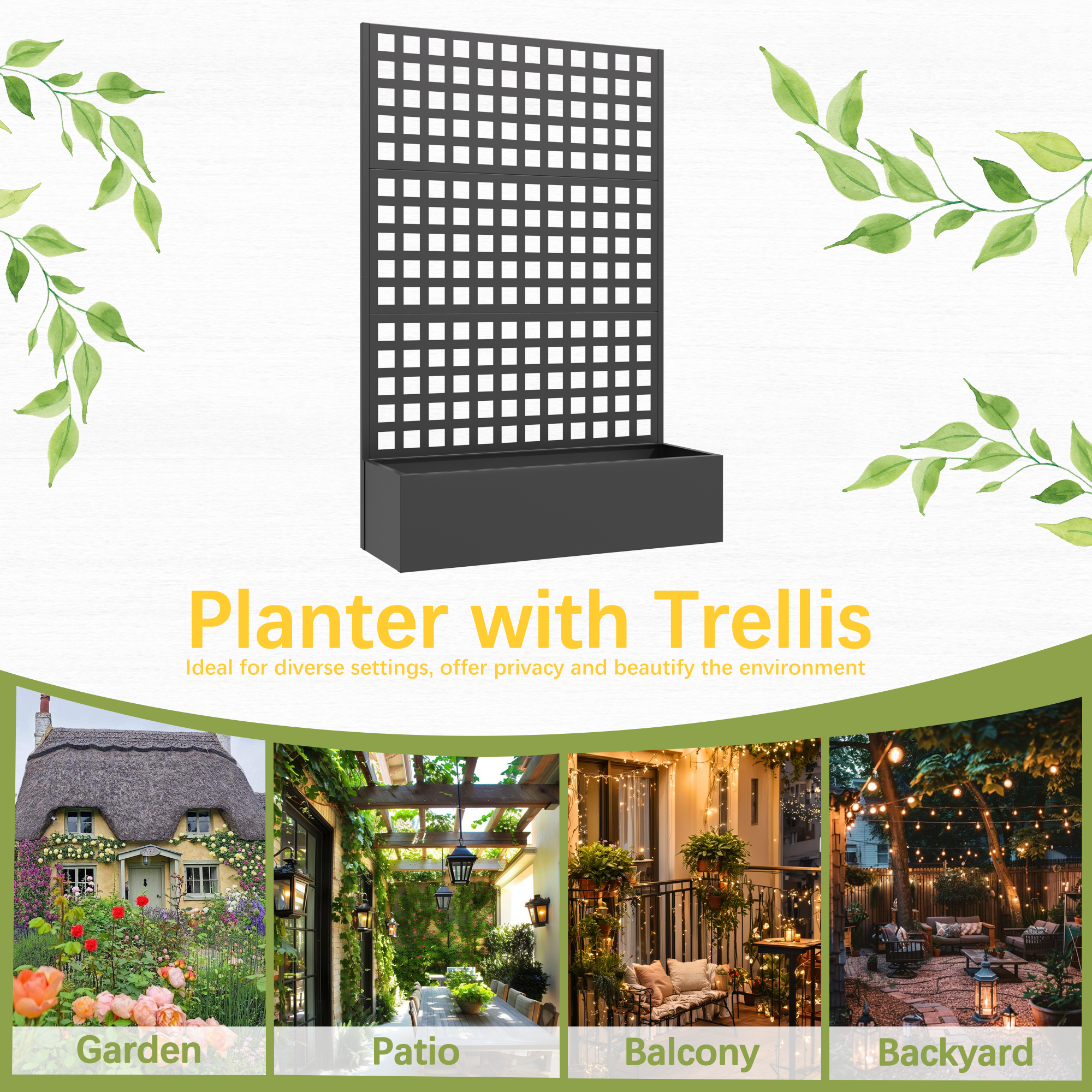 HOMREST Metal Planter Box with Trellis, 71"x 47"x 16" Raised Garden Bed, Planter Box Trellis with Privacy Screen and Drainage Holes, Black