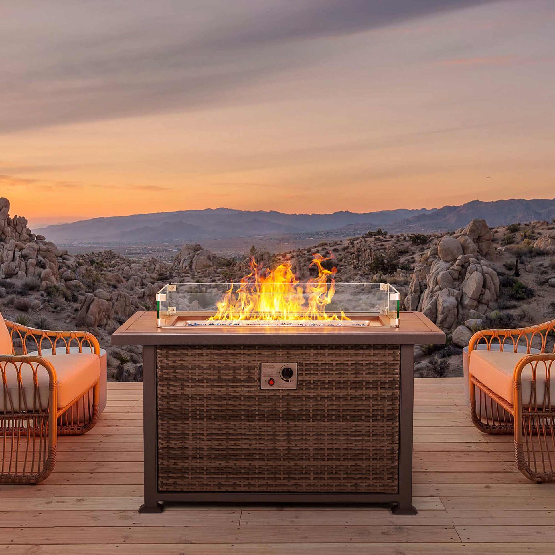 44 in Propane Fire Pit with Aluminum Table Top and Glass Wind Guard, Dark Gray