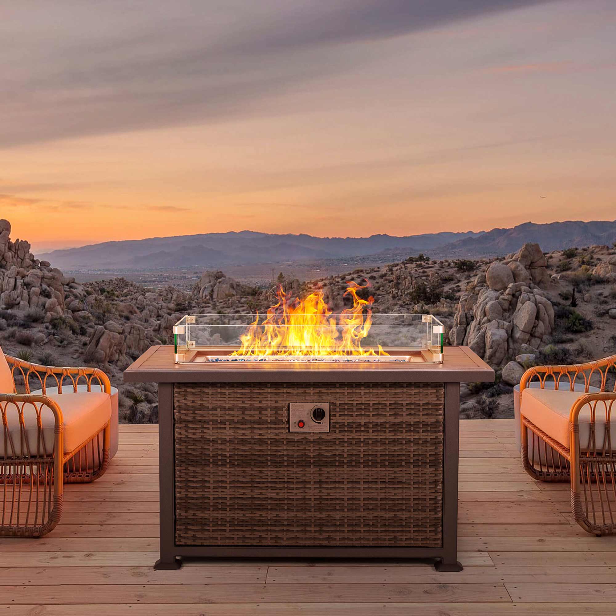 44 in Propane Fire Pit with Aluminum Table Top and Glass Wind Guard, Dark Gray