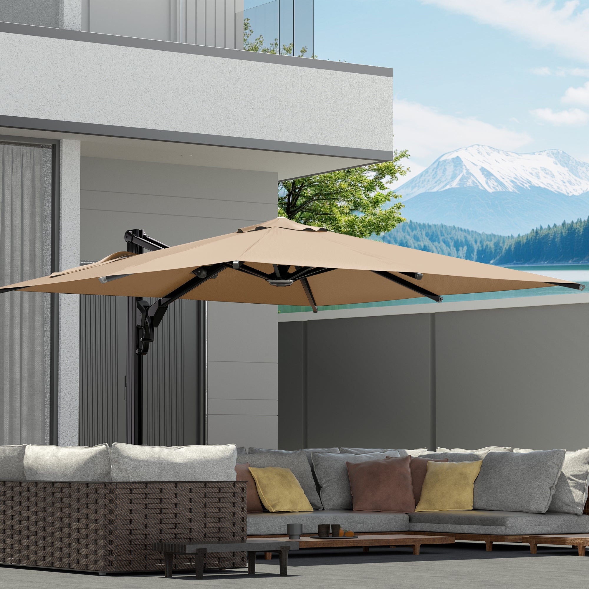HOMREST 10x10ft Large Rectangular Cantilever Umbrella with 360° Rotation & 6 Adjustable Heights, Brown (Base Excluded)