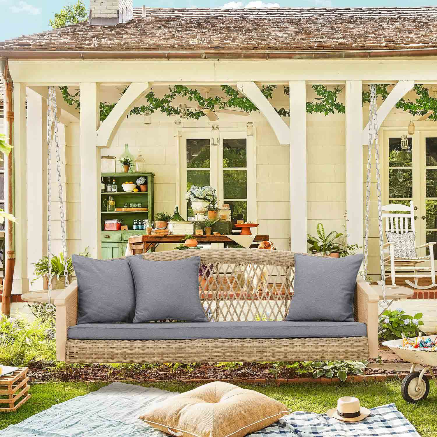  3-Seater Outdoor Wicker Swing with Cup Holders for Porch, Gray