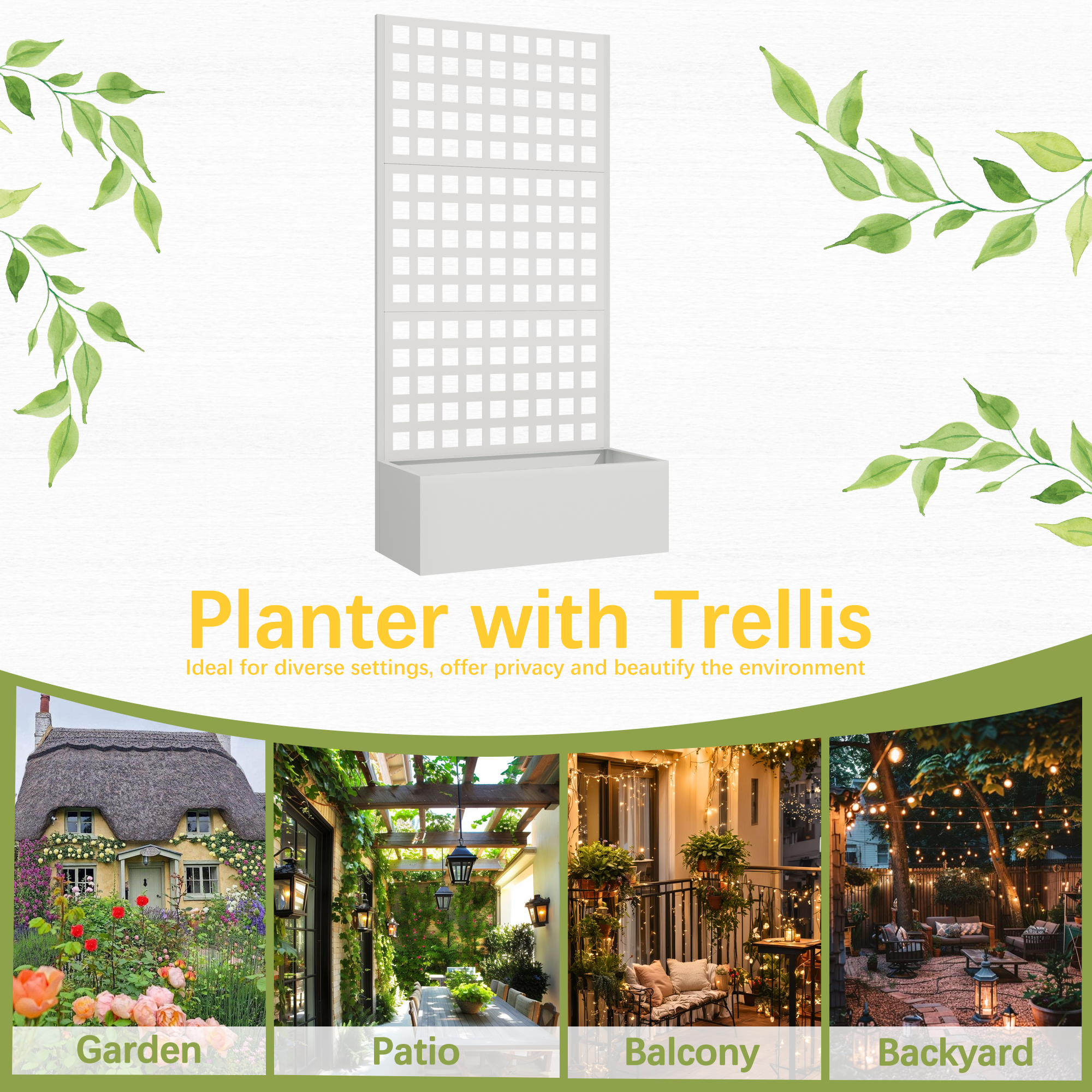 HOMREST Metal Planter Box with Trellis, 71"x 35"x 16" Raised Garden Bed with Trellis, Planter Box Trellis with Privacy Screen and Drainage Holes, White