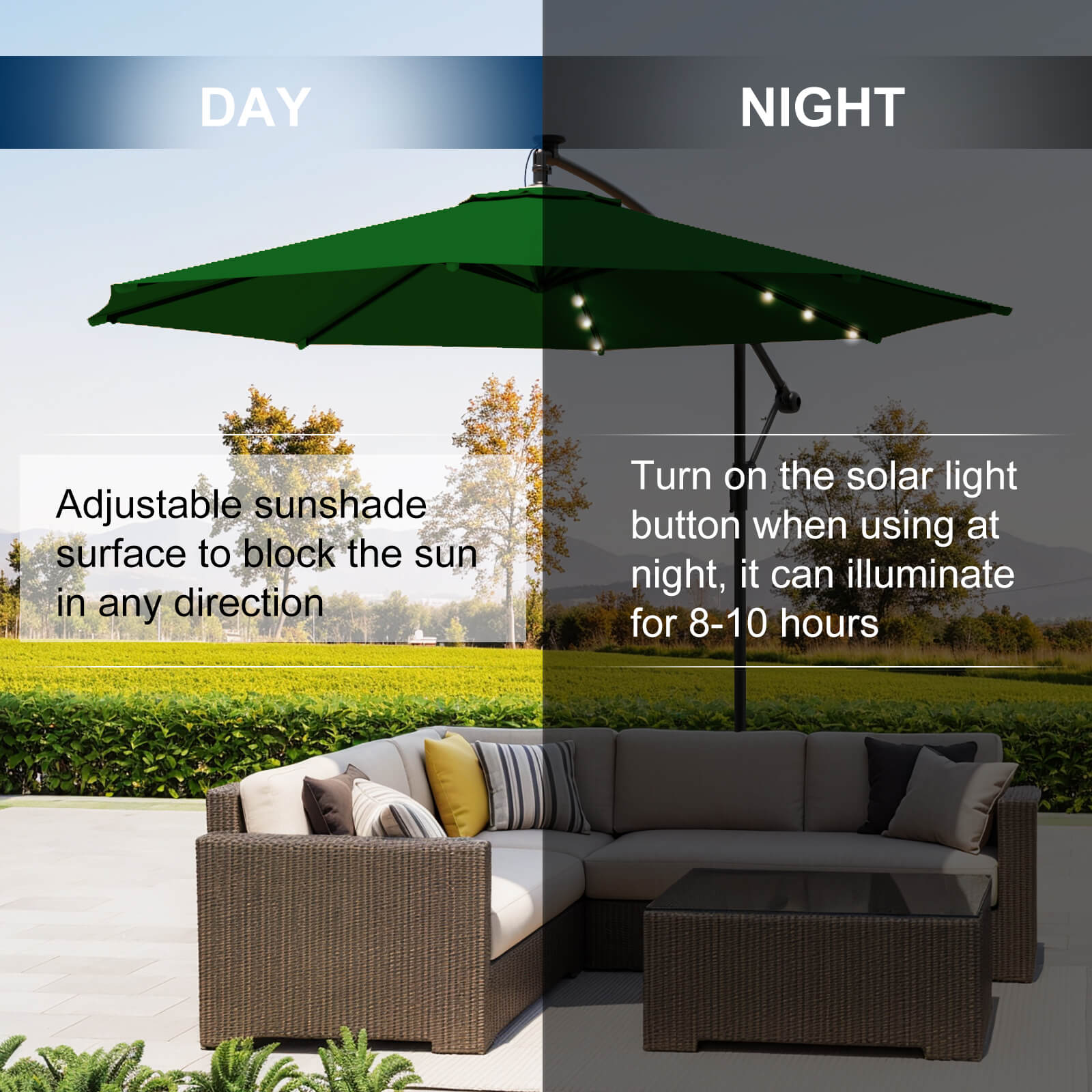 Homrest 10ft Solar Lighted Patio Umbrella, Infinite Tilt, Crank and Cross Base, Green