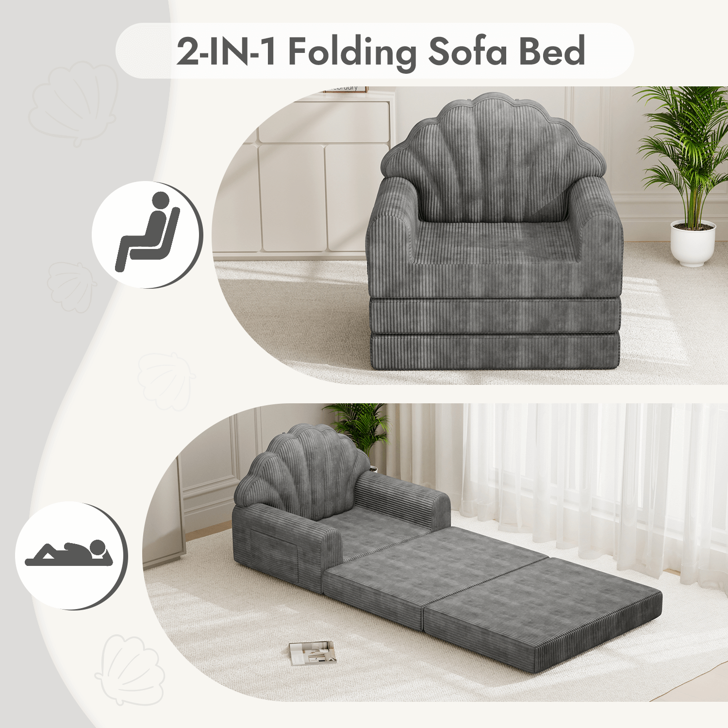 HOMREST 2-in-1 Folding Sofa Bed with Back Support, 75" D x 34" W Convertible Futon Sleeper Chair for Living Room Bedroom Small Spaces, Gray